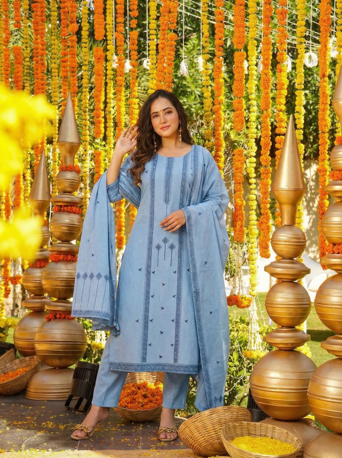 Sky Blue Embroidered Cotton Kurta Pant Set with Bird Motif Dupatta