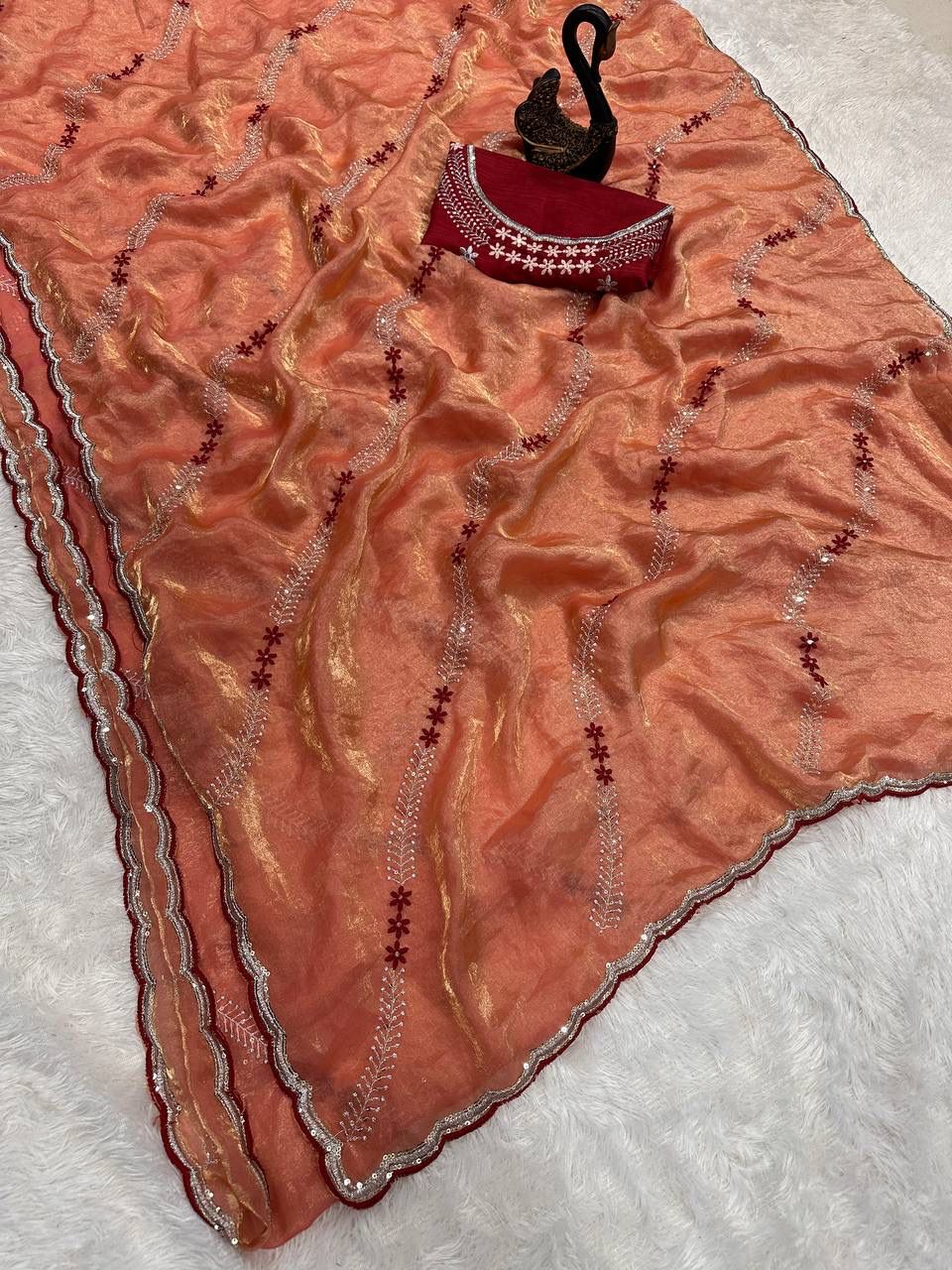 Tremendous Peach Sequence Work Fandy Silk Saree