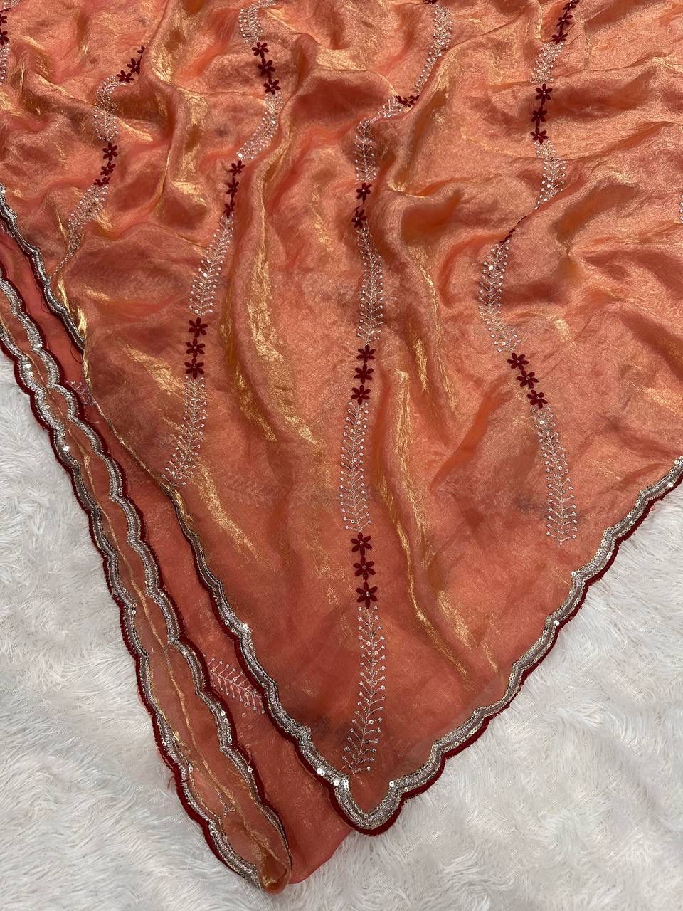 Tremendous Peach Sequence Work Fandy Silk Saree