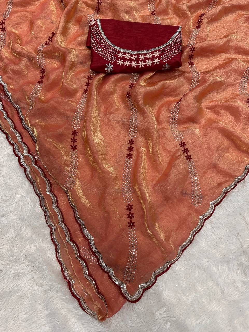 Tremendous Peach Sequence Work Fandy Silk Saree