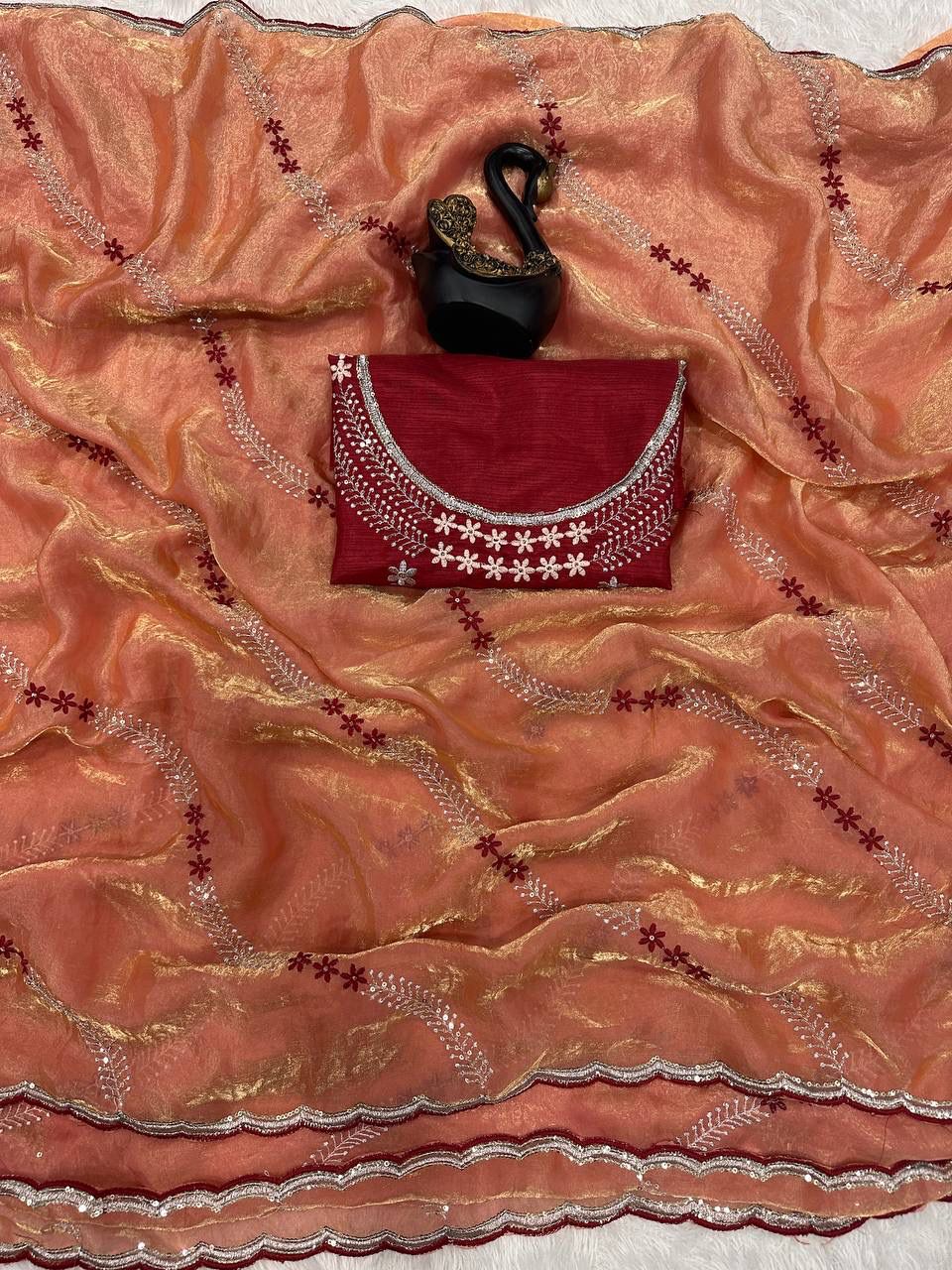 Tremendous Peach Sequence Work Fandy Silk Saree