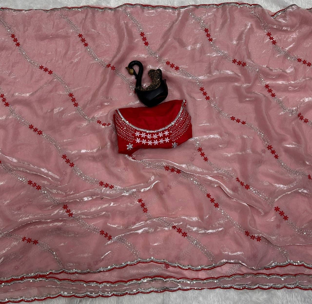 Tremendous Peach Sequence Work Fandy Silk Saree