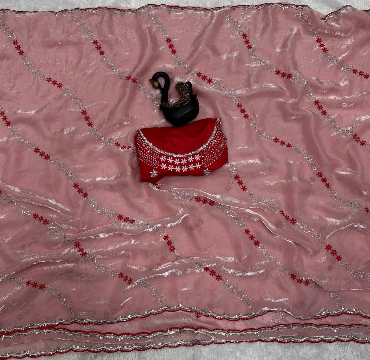 Tremendous Peach Sequence Work Fandy Silk Saree