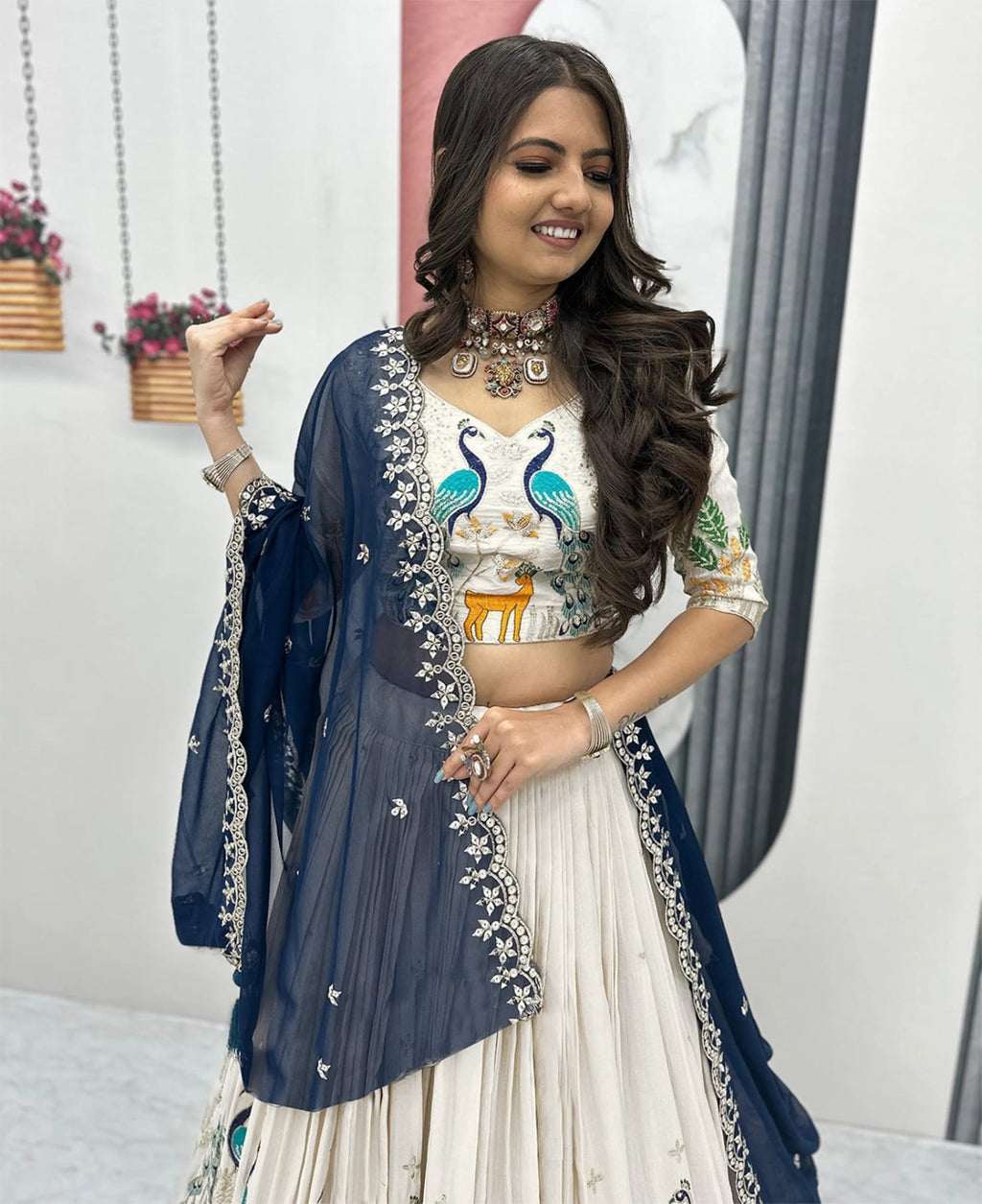Embellished Semi Stitched Lehenga Choli  (White) Lehenga