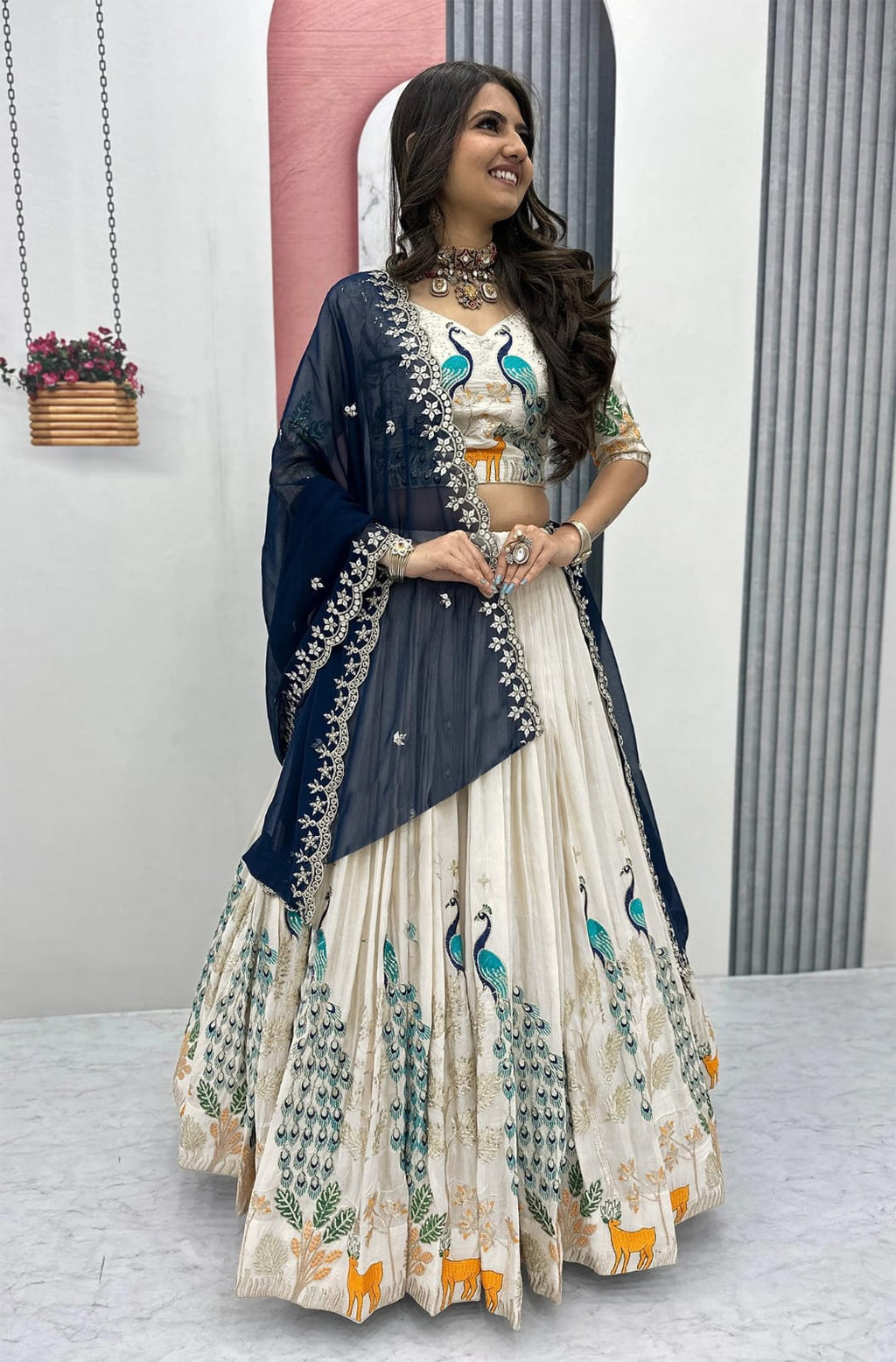 Embellished Semi Stitched Lehenga Choli  (White) Lehenga