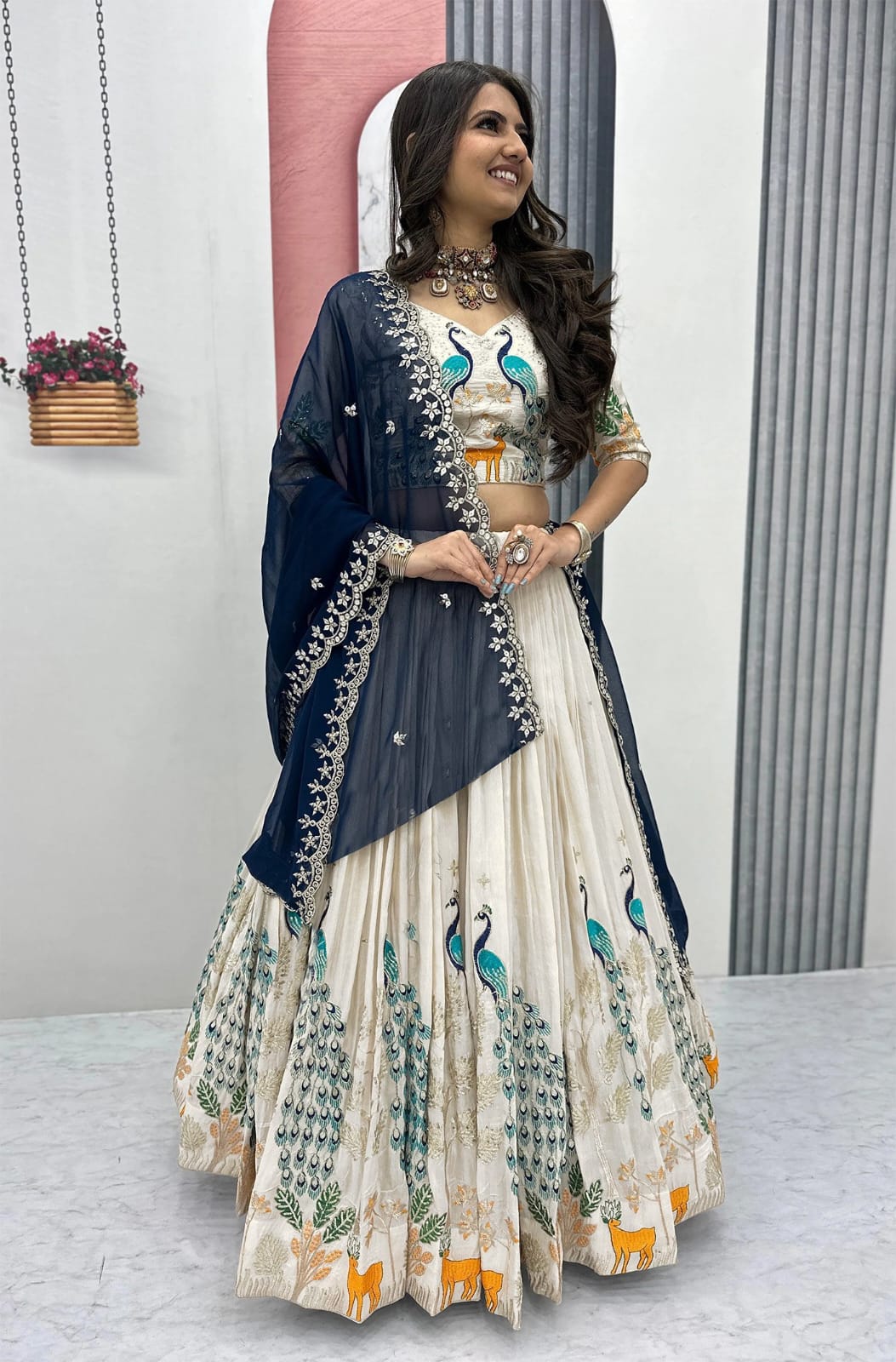 Embellished Semi Stitched Lehenga Choli  (White) Lehenga