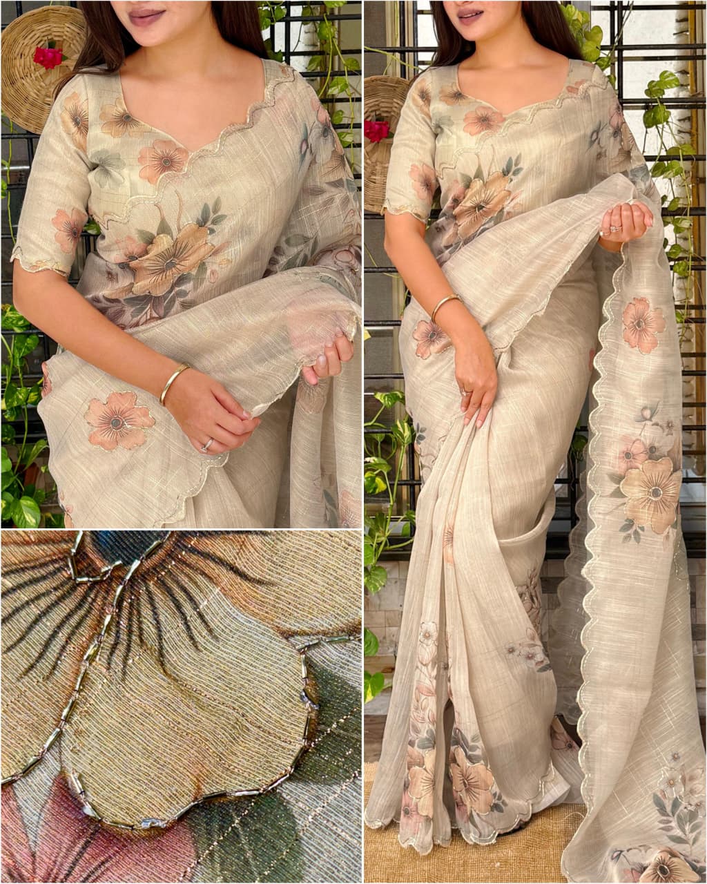 Cutwork outline of sequins bids in saree border