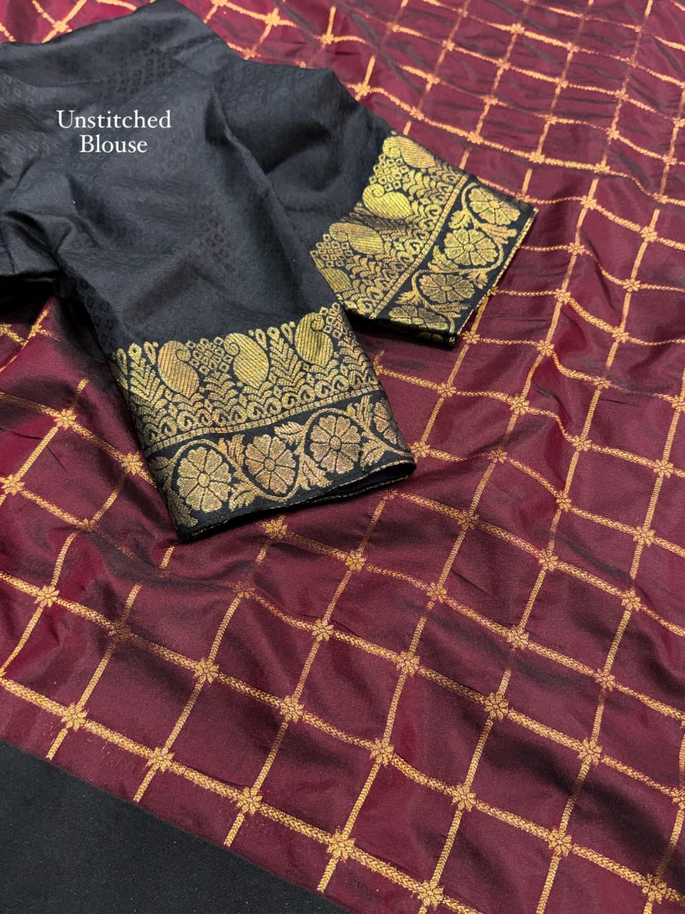 Contrast black satin weaving border in full saree