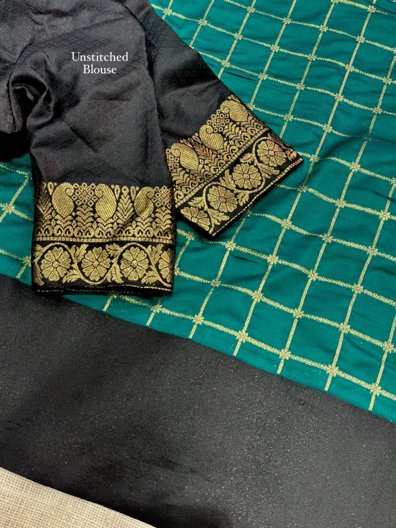 Contrast black satin weaving border in full saree