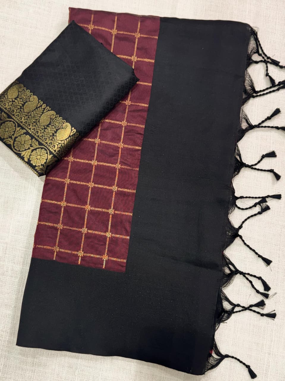 Contrast black satin weaving border in full saree