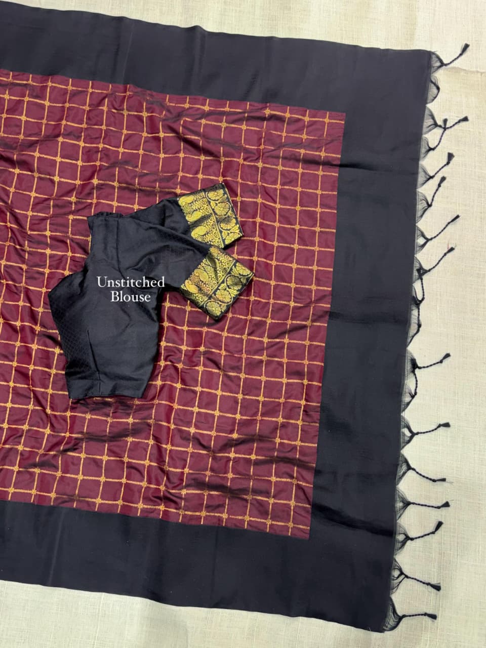 Contrast black satin weaving border in full saree