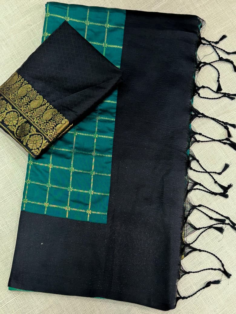 Contrast black satin weaving border in full saree