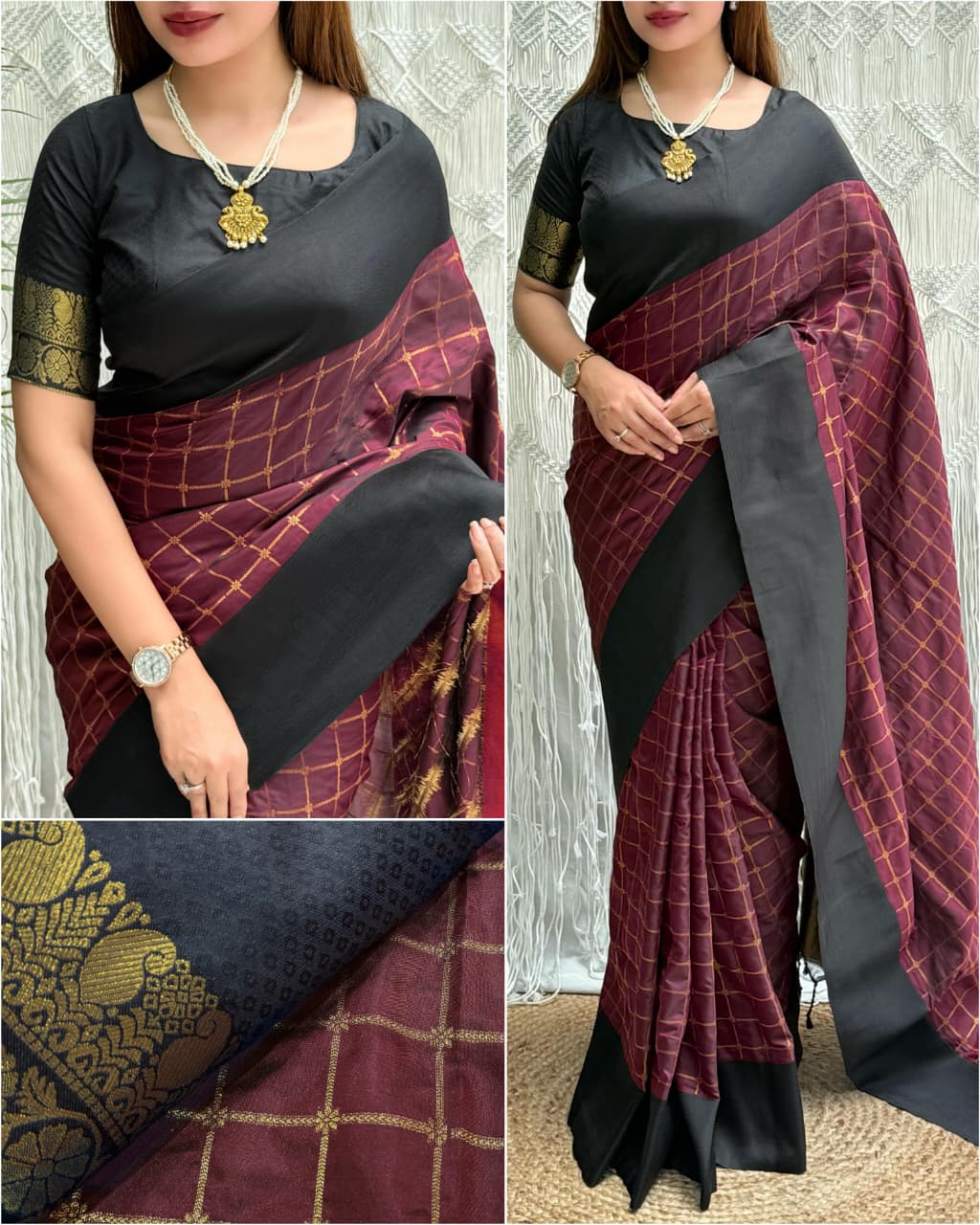 Contrast black satin weaving border in full saree