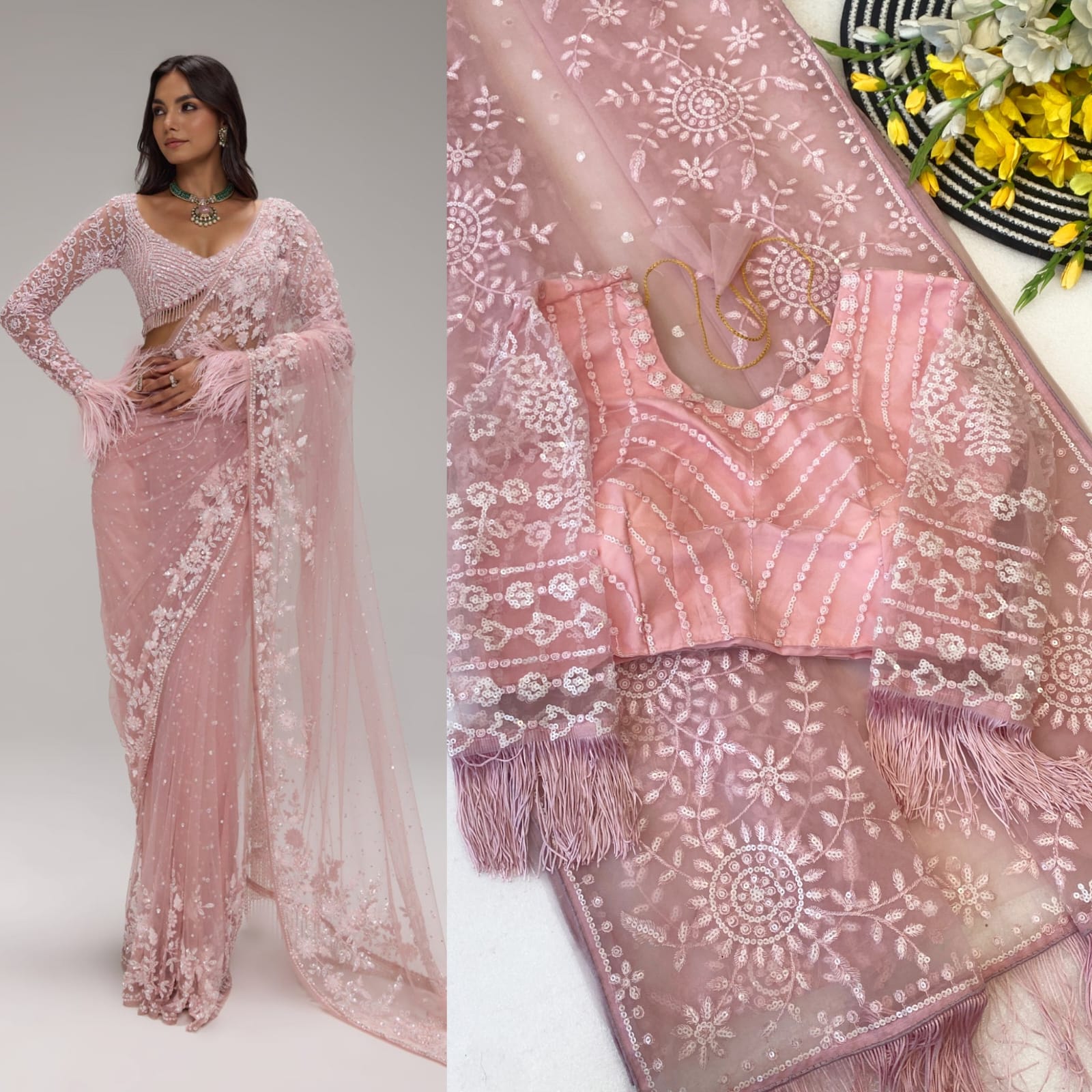 Bollywood BlockBuster Sequins Design Beautiful Zalar Attached in Pallu & blouse SARI