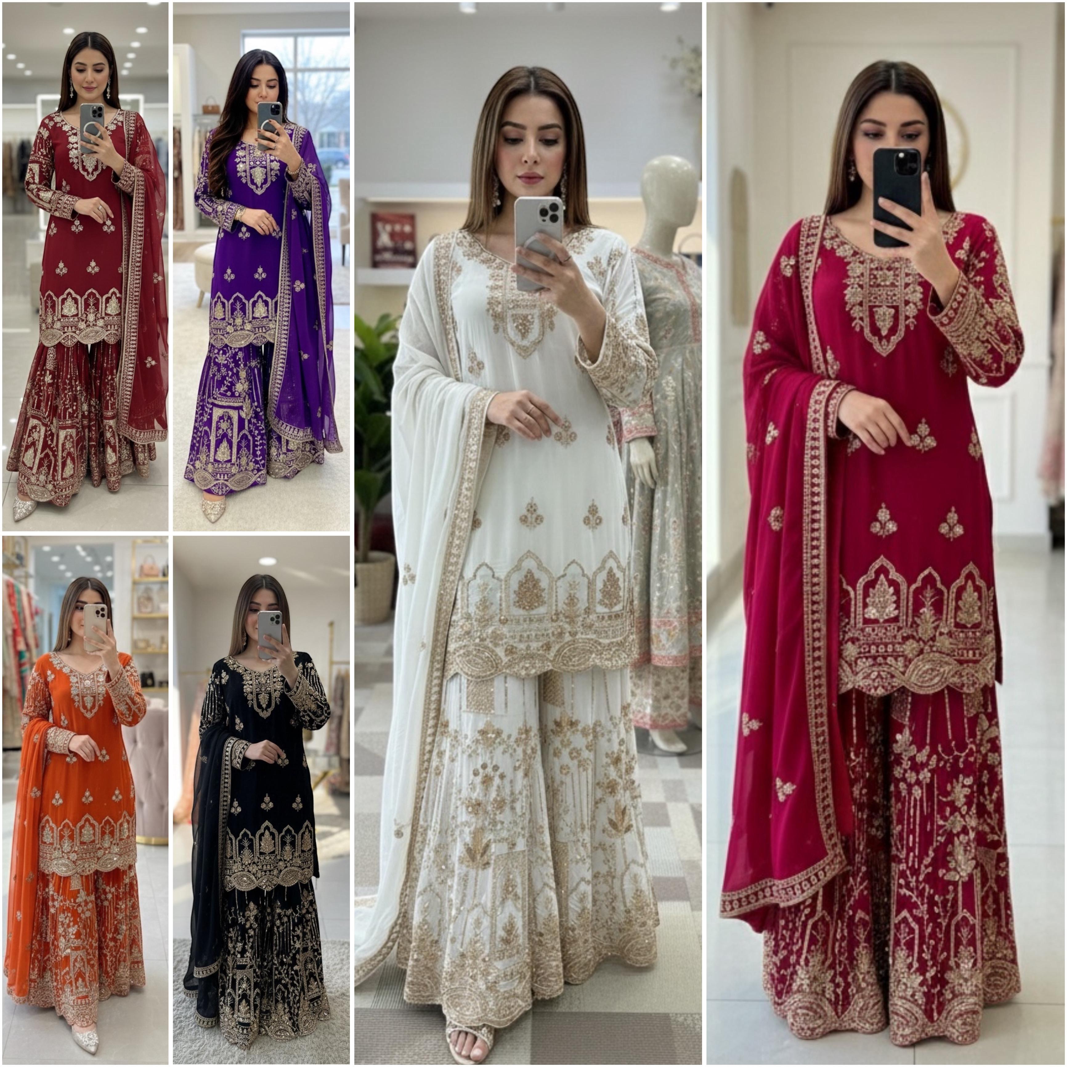 Trending Fox Georgette *Top, Sarara & dupatta* Reddy To Wear Look Design*💃