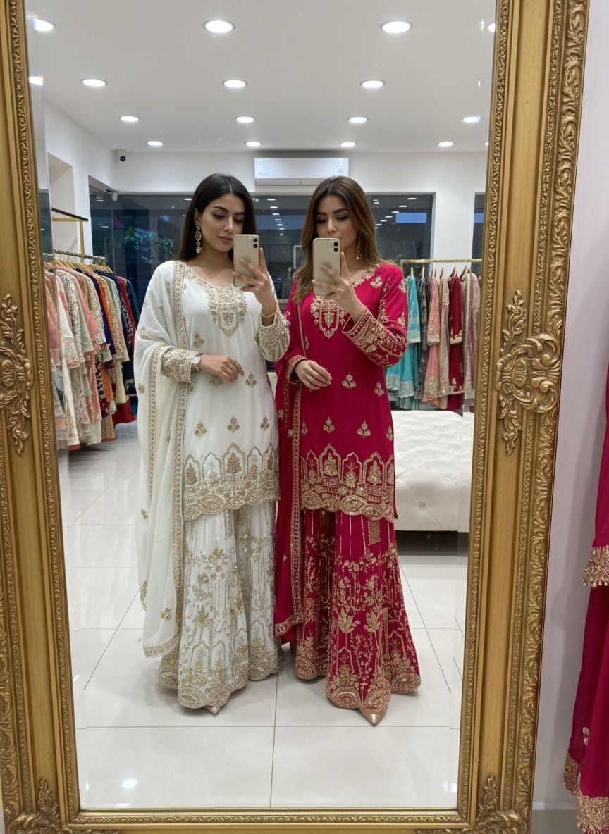 Trending Fox Georgette *Top, Sarara & dupatta* Reddy To Wear Look Design*💃