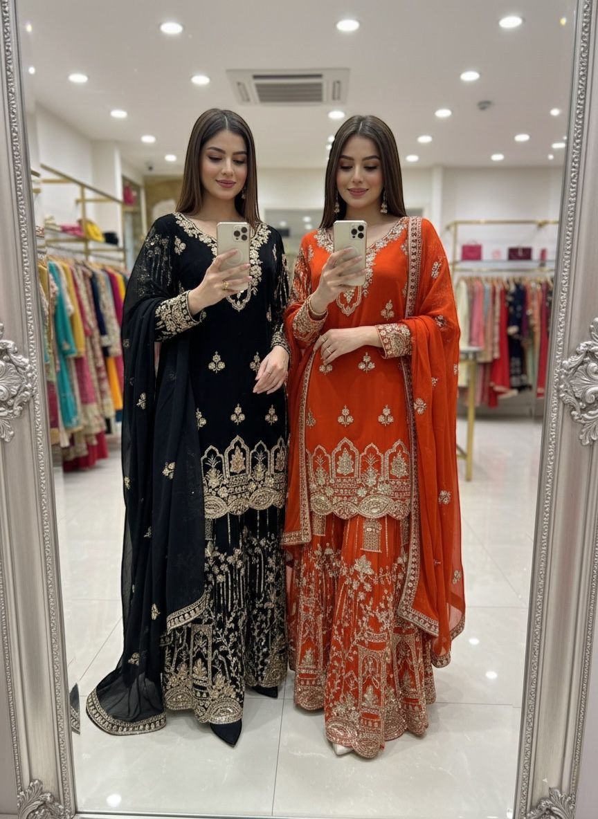 Trending Fox Georgette *Top, Sarara & dupatta* Reddy To Wear Look Design*💃