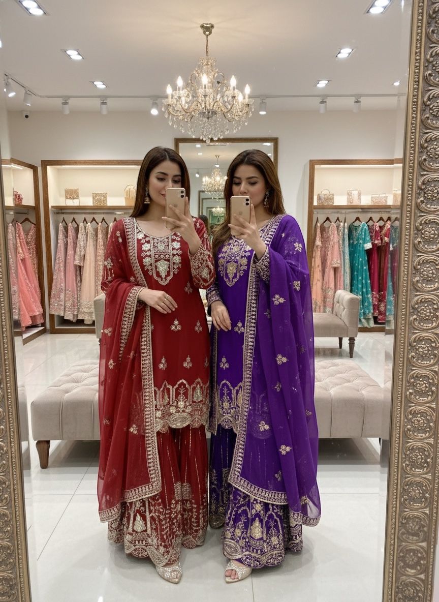 Trending Fox Georgette *Top, Sarara & dupatta* Reddy To Wear Look Design*💃