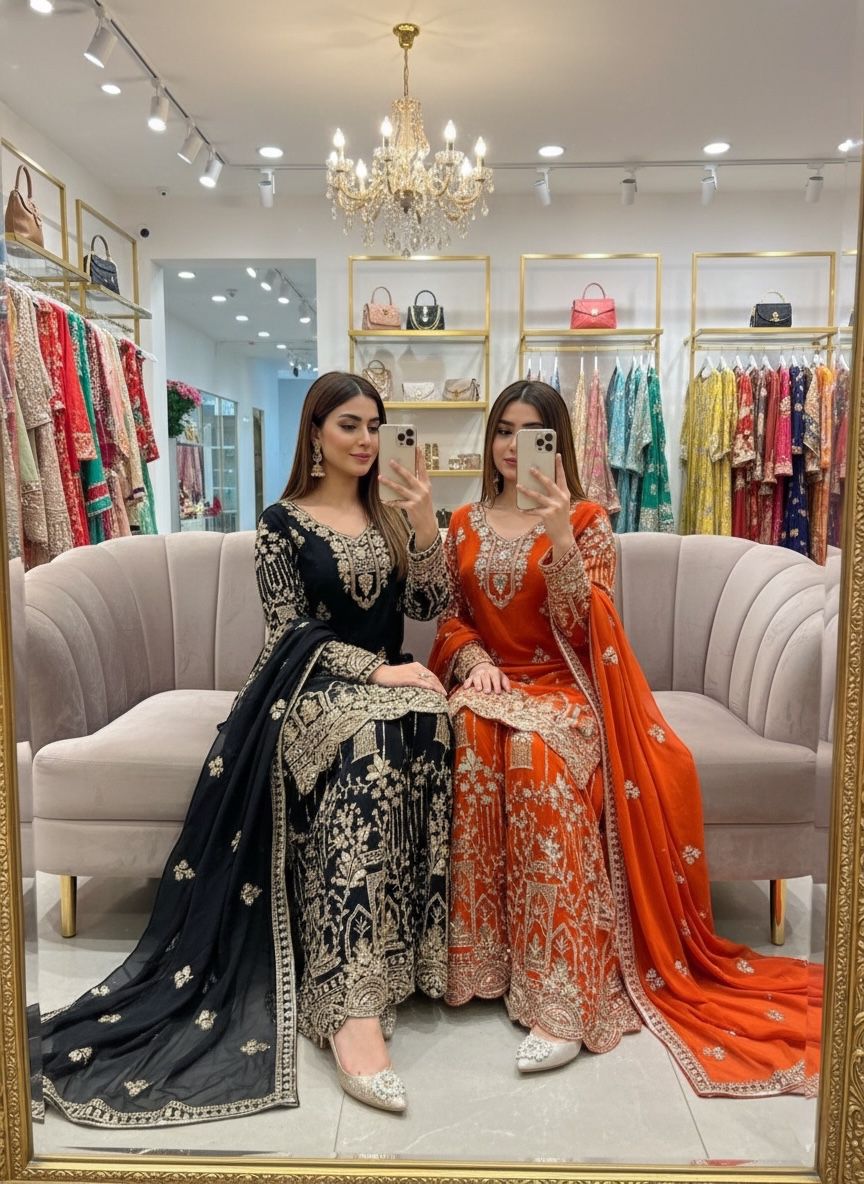 Trending Fox Georgette *Top, Sarara & dupatta* Reddy To Wear Look Design*💃