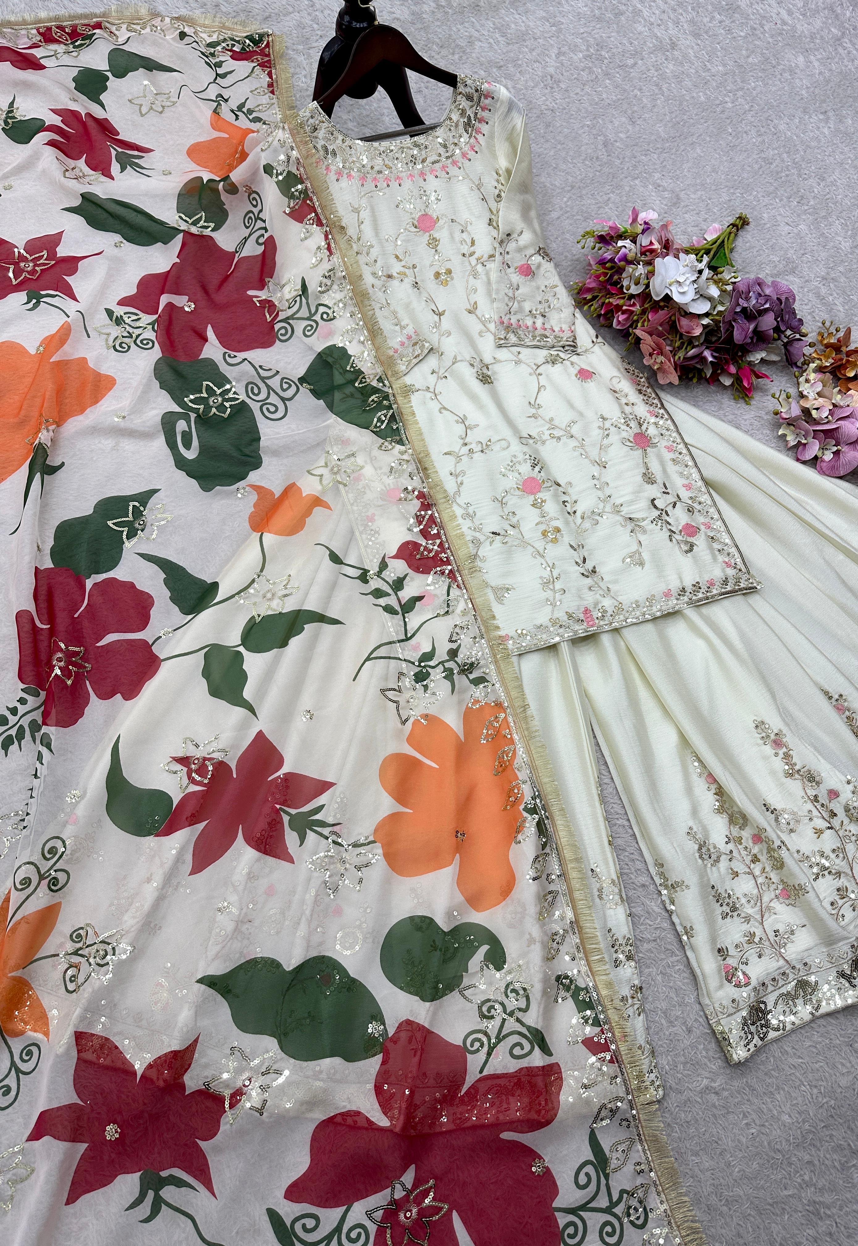 New Đěsigner Party Wear Look Heavy Cinon Silk Top Sarara & Dupatta Set