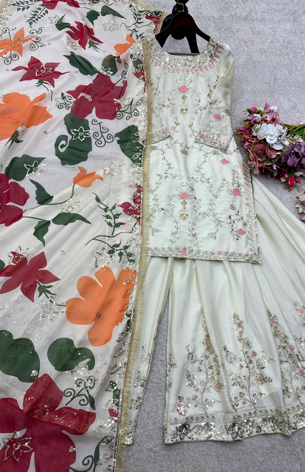 New Đěsigner Party Wear Look Heavy Cinon Silk Top Sarara & Dupatta Set