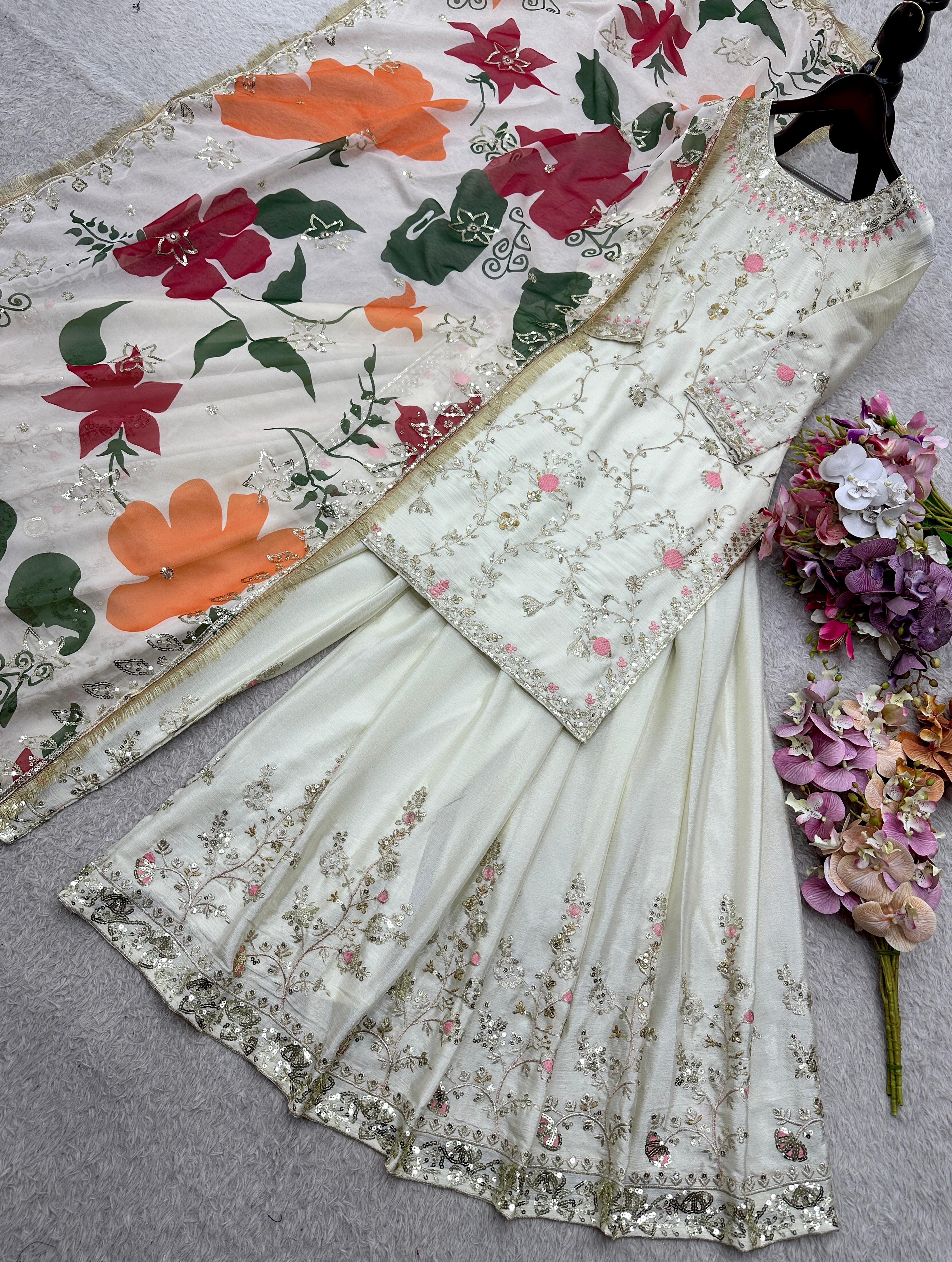 New Đěsigner Party Wear Look Heavy Cinon Silk Top Sarara & Dupatta Set