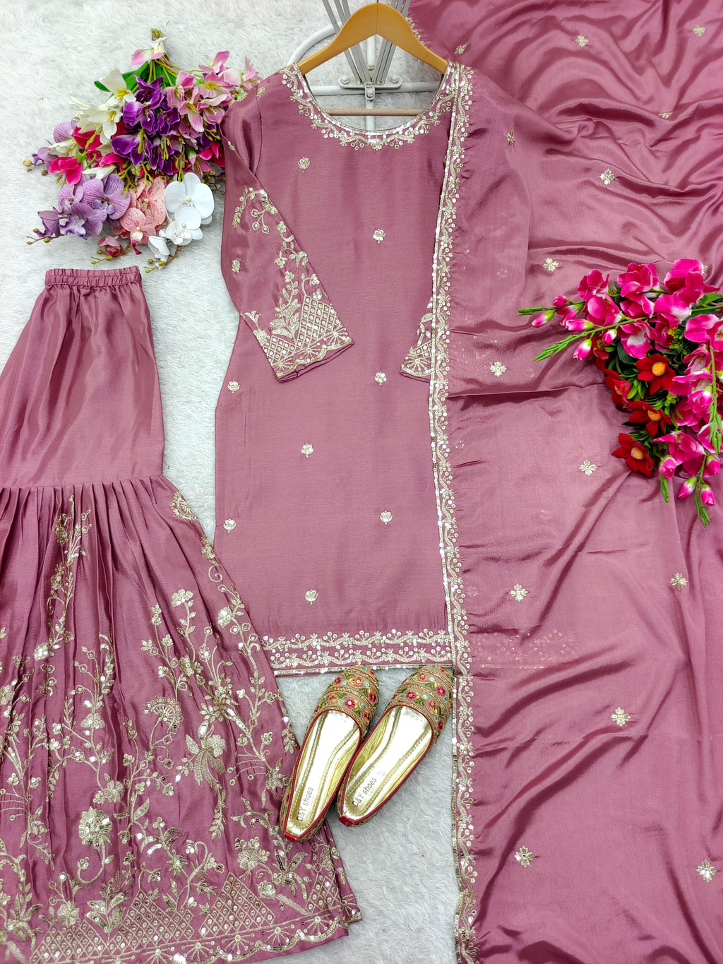 Readymade Chinon Top-Sarara and Dupatta Set Fully Stitched