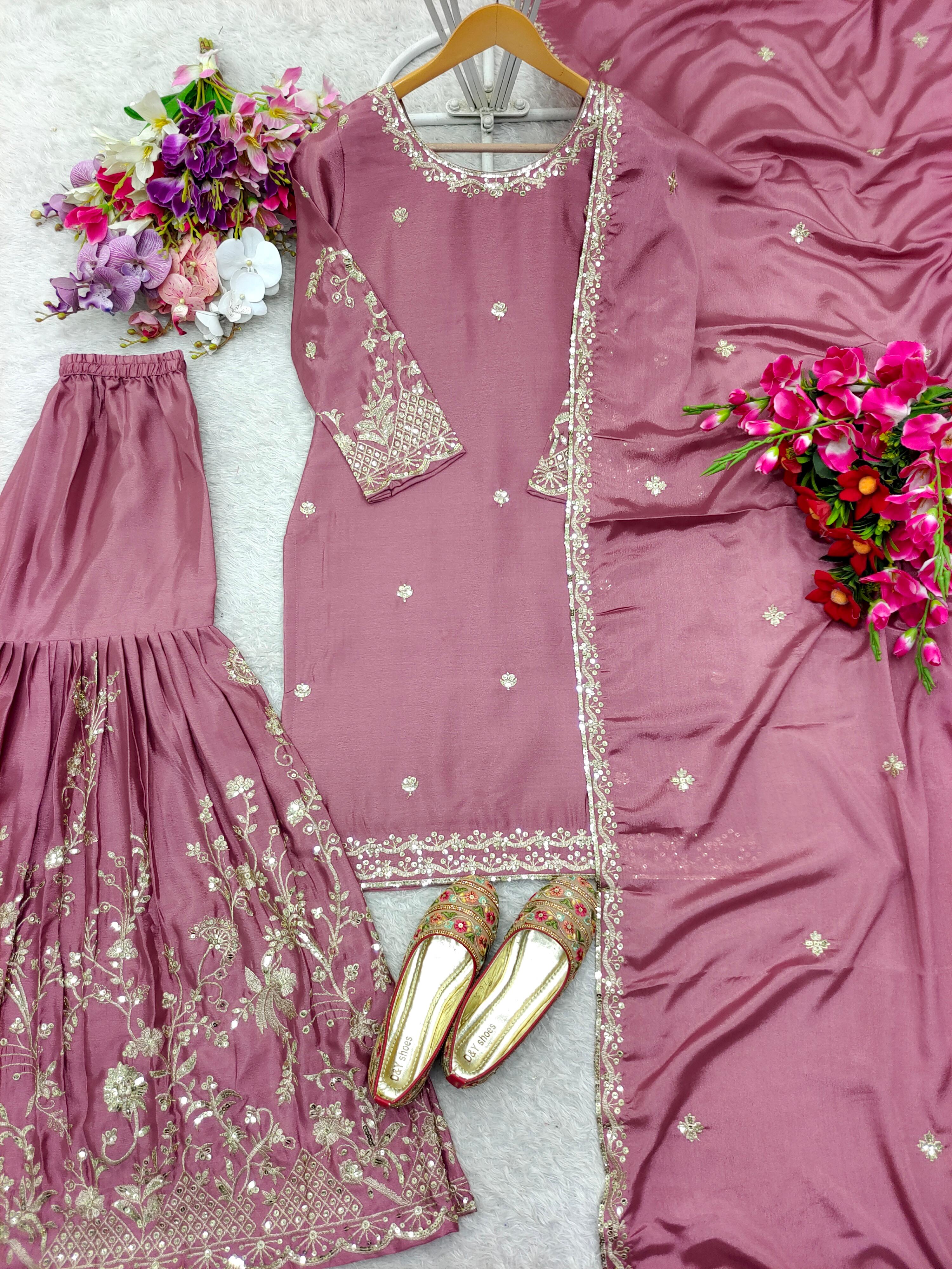 Readymade Chinon Top-Sarara and Dupatta Set Fully Stitched