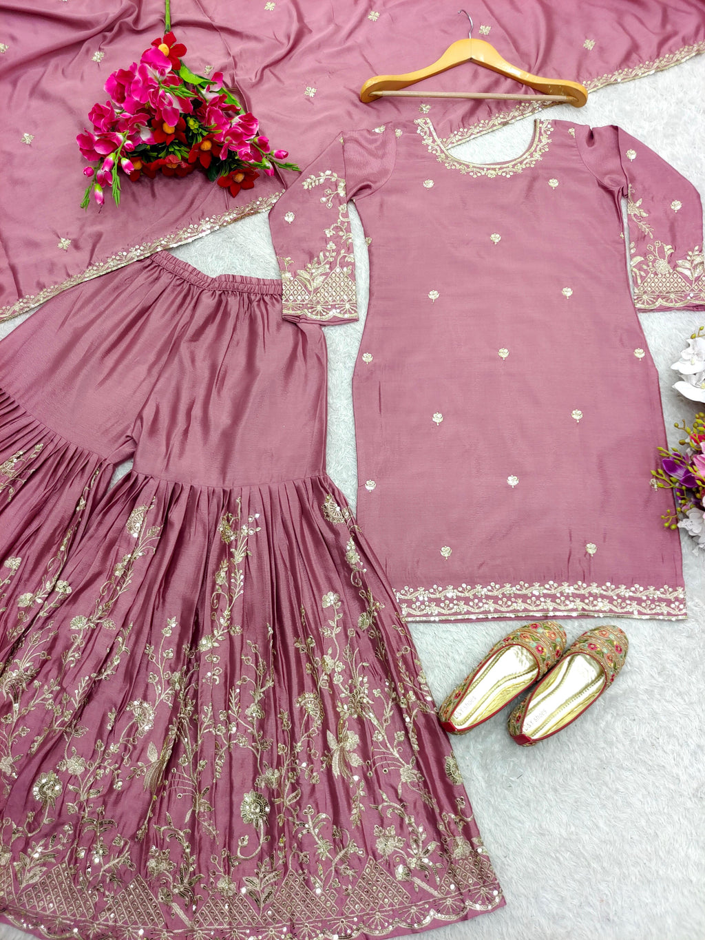 Readymade Chinon Top-Sarara and Dupatta Set Fully Stitched