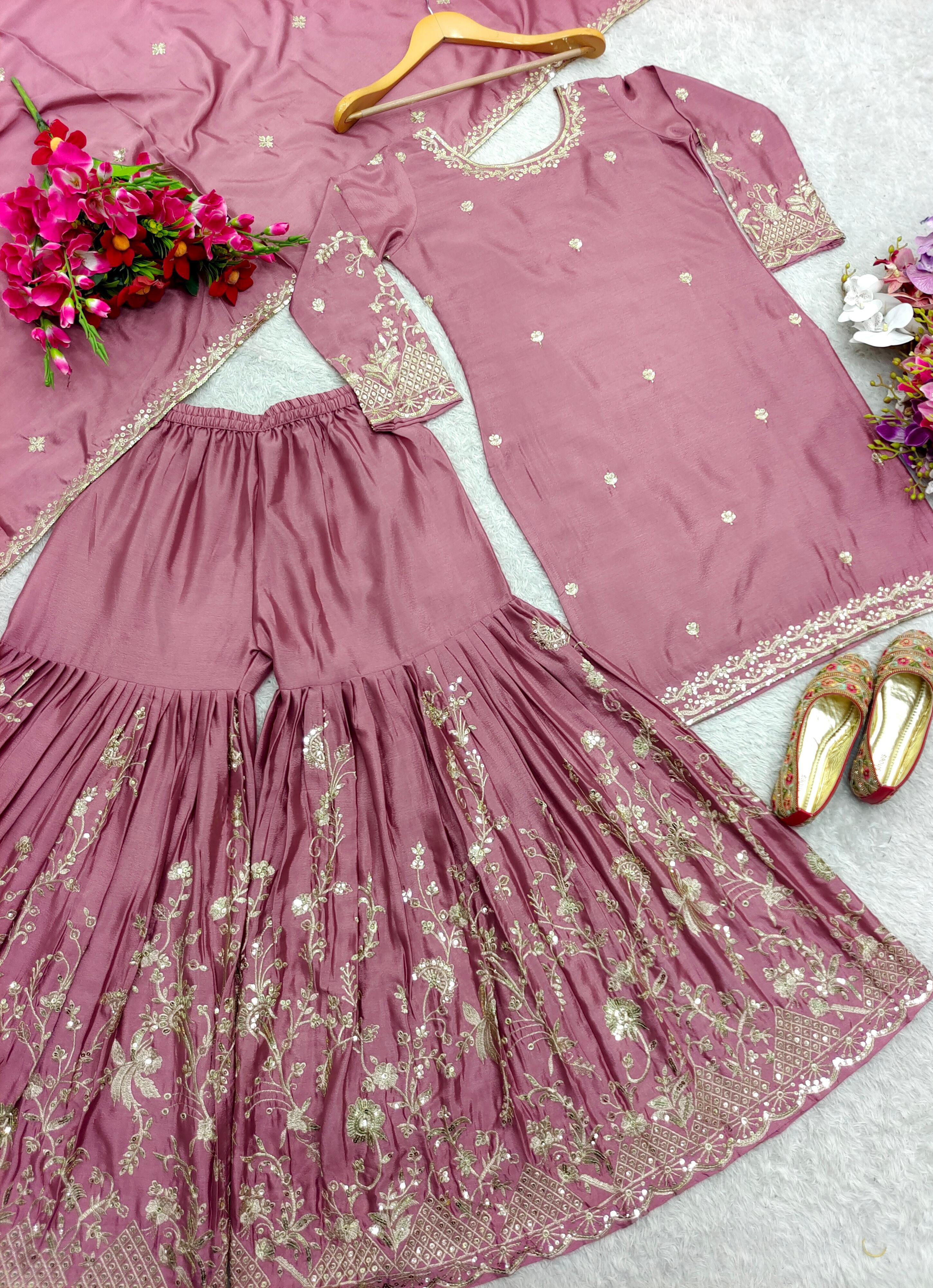 Readymade Chinon Top-Sarara and Dupatta Set Fully Stitched