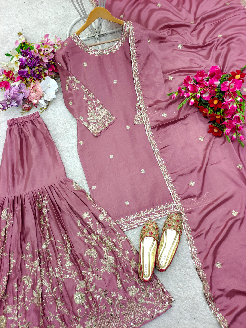 Readymade Chinon Top-Sarara and Dupatta Set Fully Stitched
