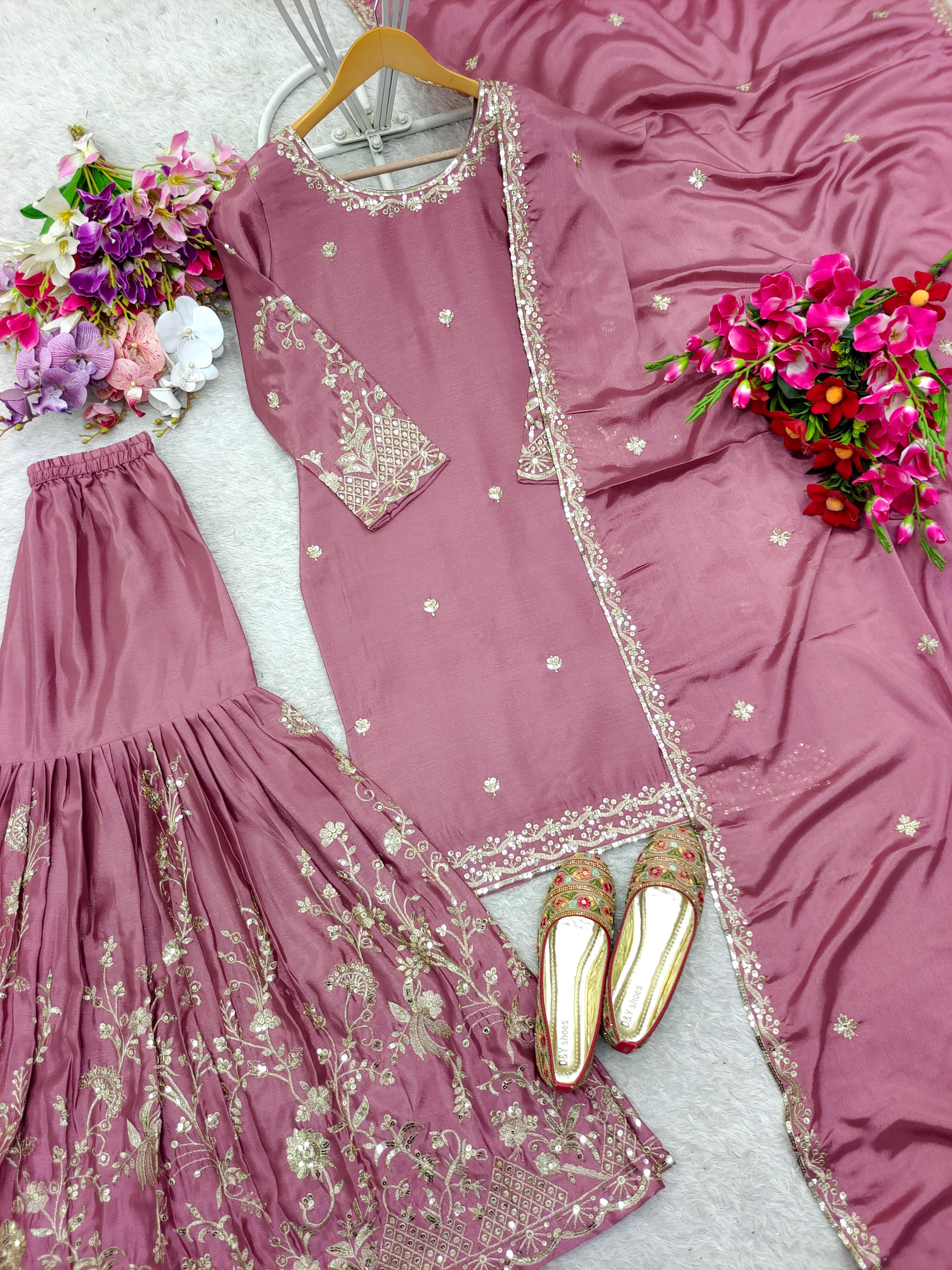 Readymade Chinon Top-Sarara and Dupatta Set Fully Stitched