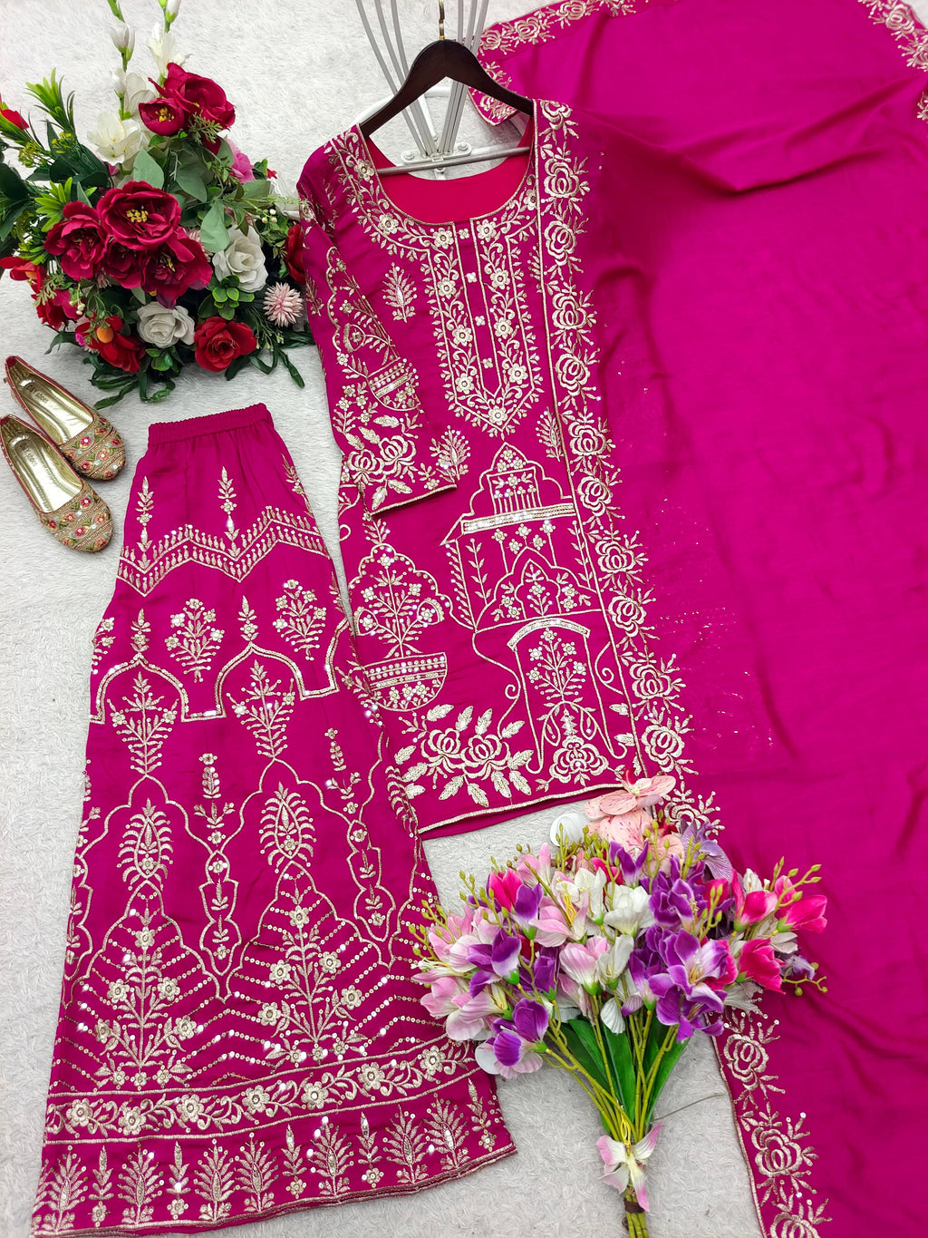 Design Trending Cp Vicitra Silk *Top, Sarara & dupatta* Reddy To Wear Look Design