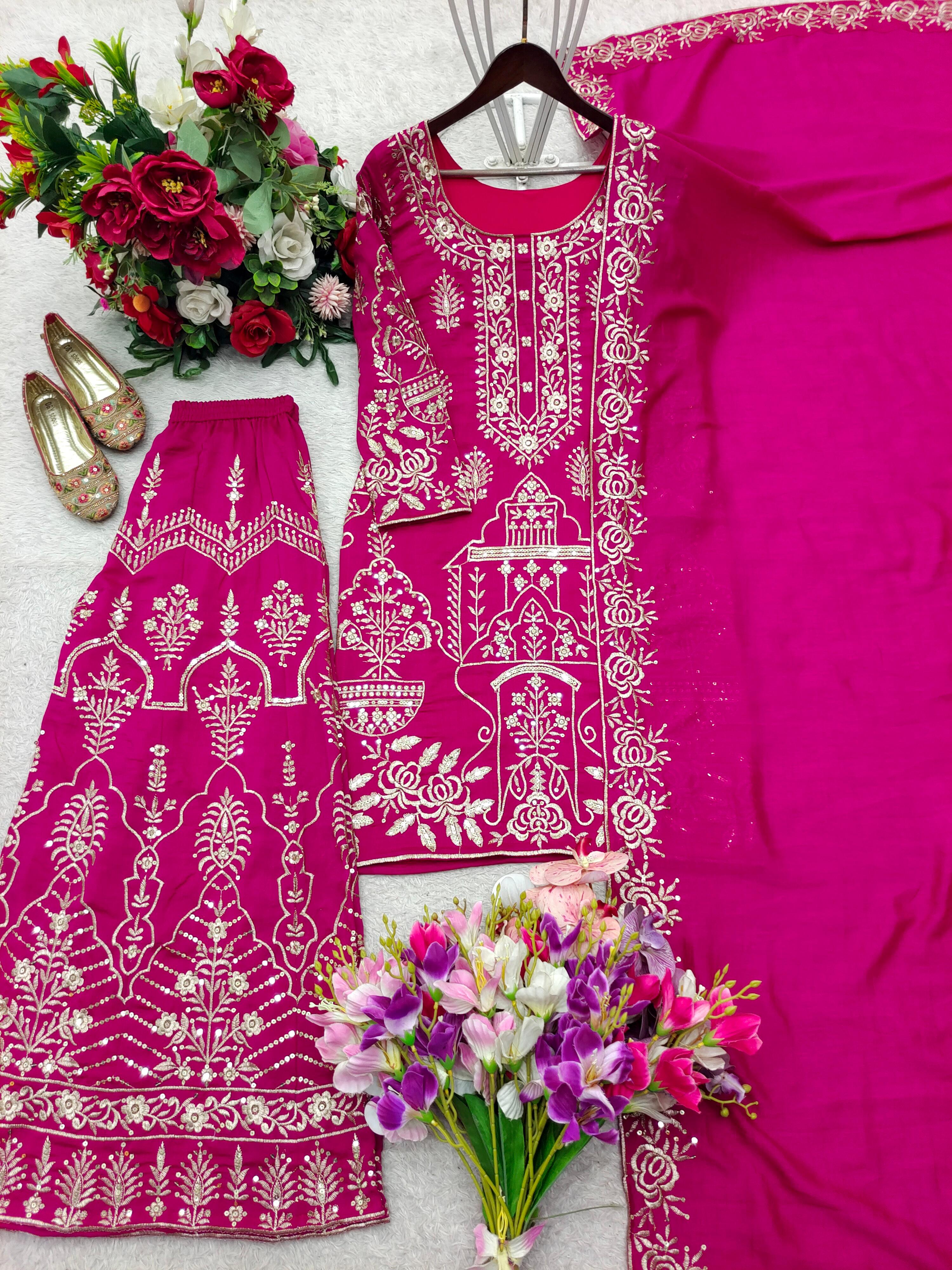 Design Trending Cp Vicitra Silk *Top, Sarara & dupatta* Reddy To Wear Look Design