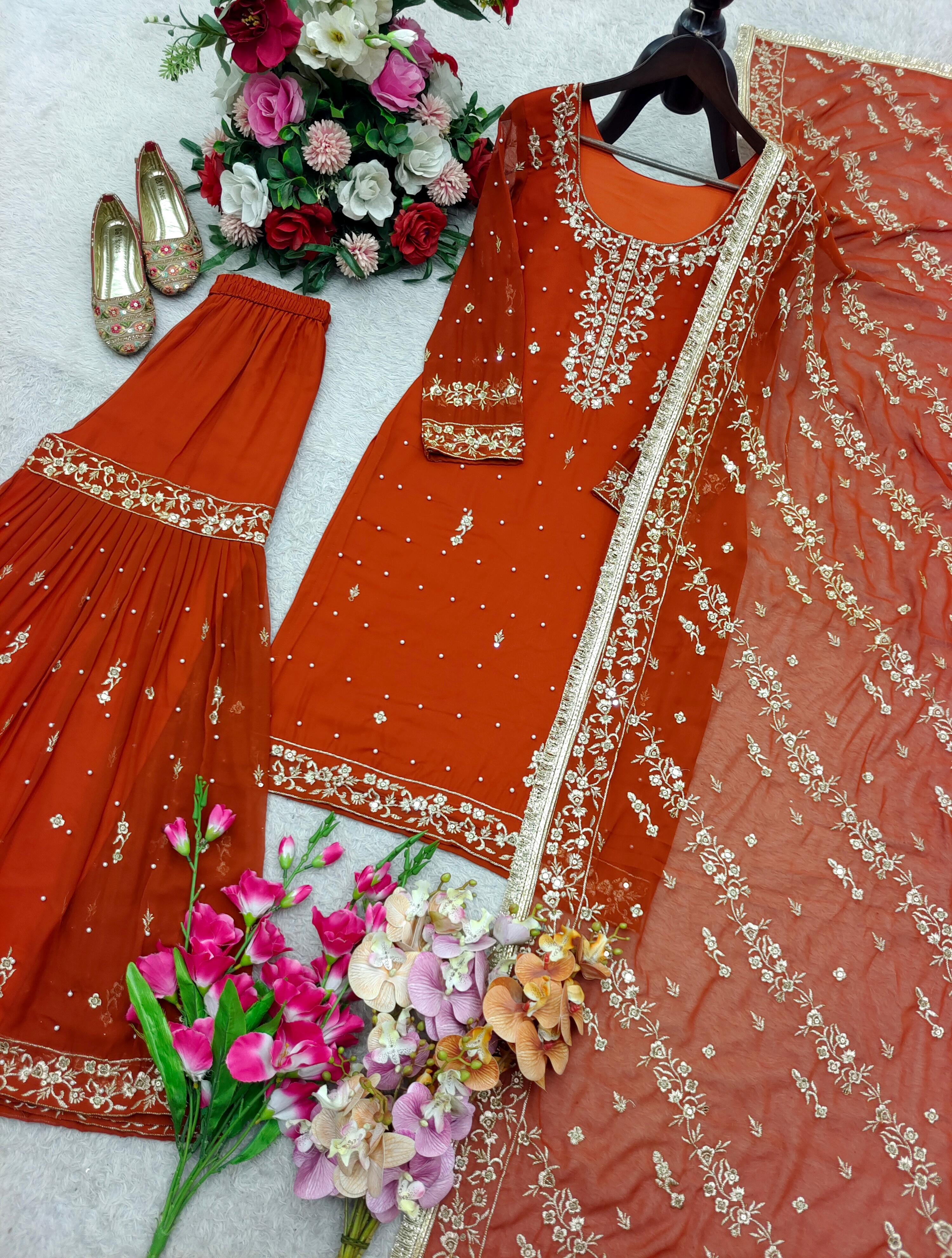 Design Trending *Top, Sarara & dupatta Reddy To Wear Look Design