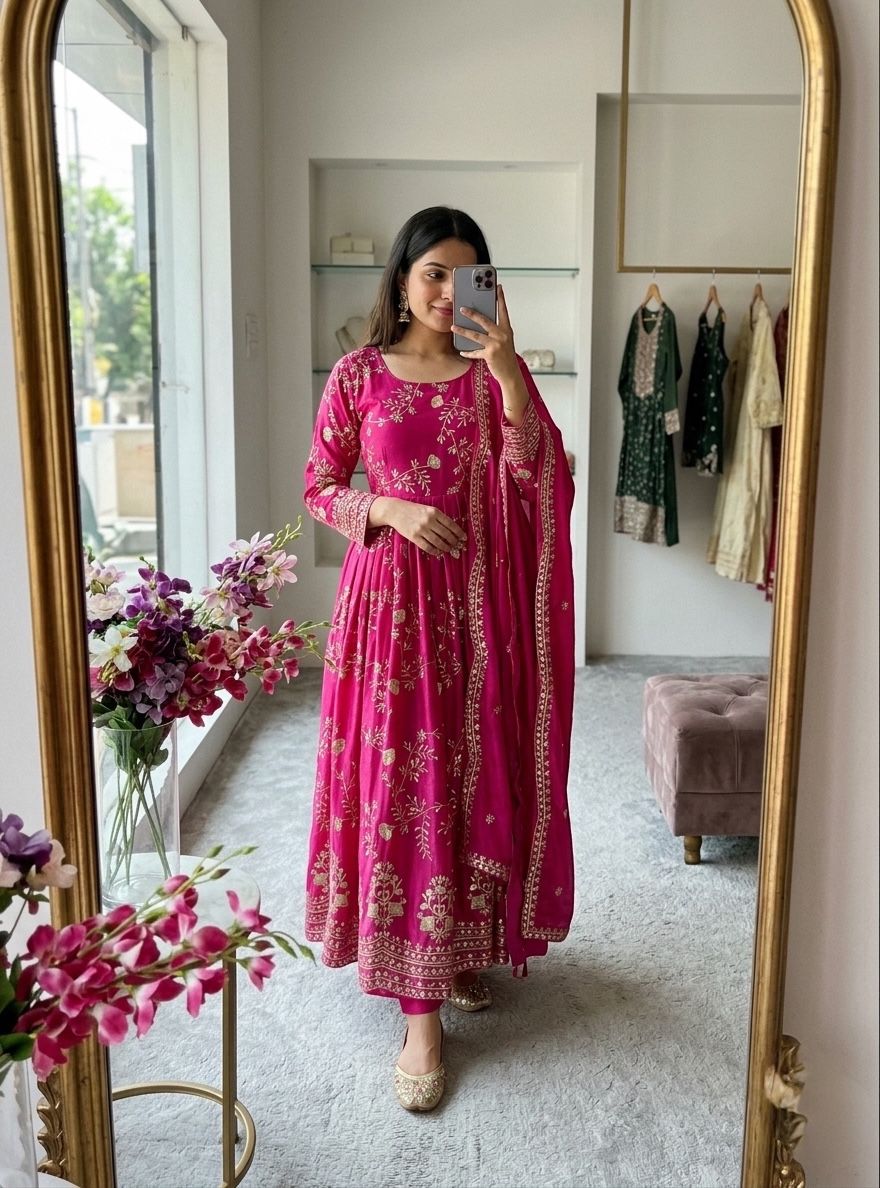 Pure Chinon Silk Gown With Embroidery 5mm Sequences Work With Sleeves (Attached Pad)
