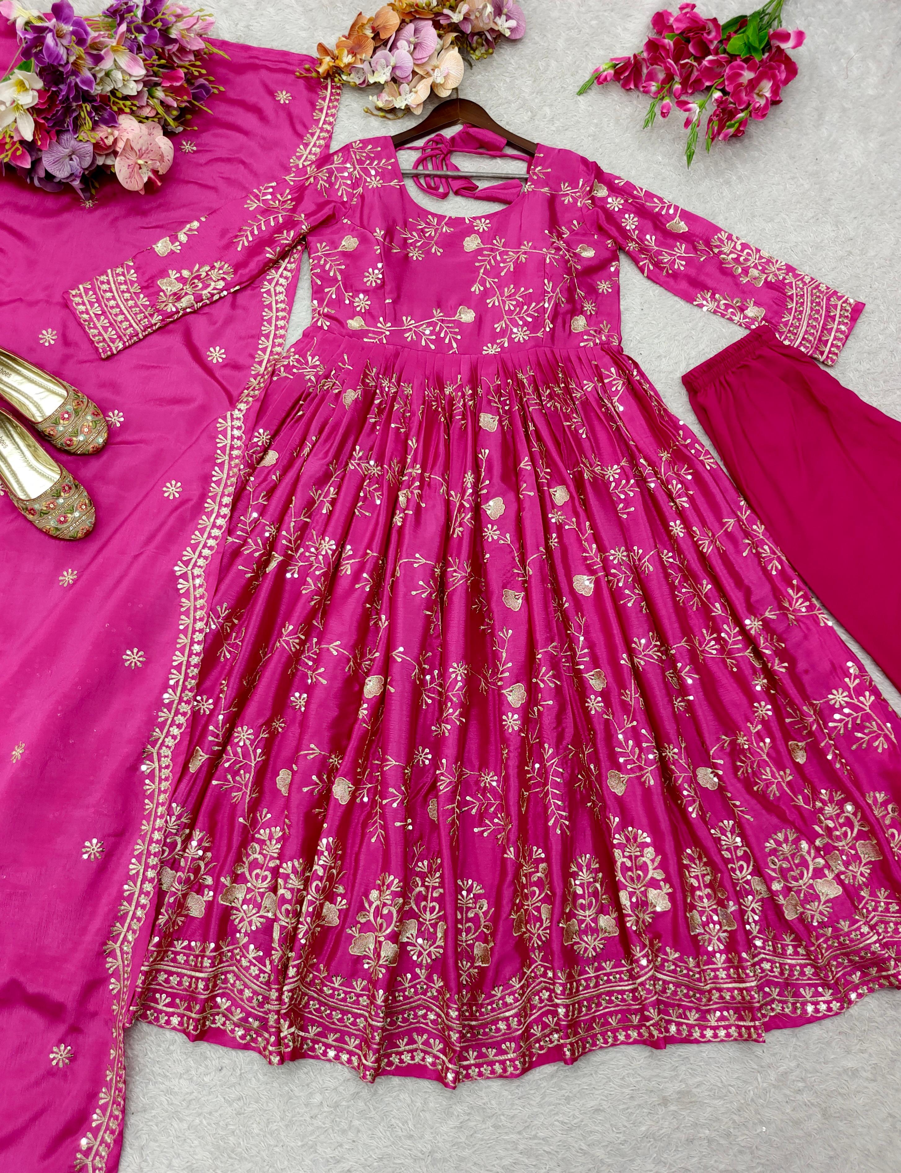 Pure Chinon Silk Gown With Embroidery 5mm Sequences Work With Sleeves (Attached Pad)