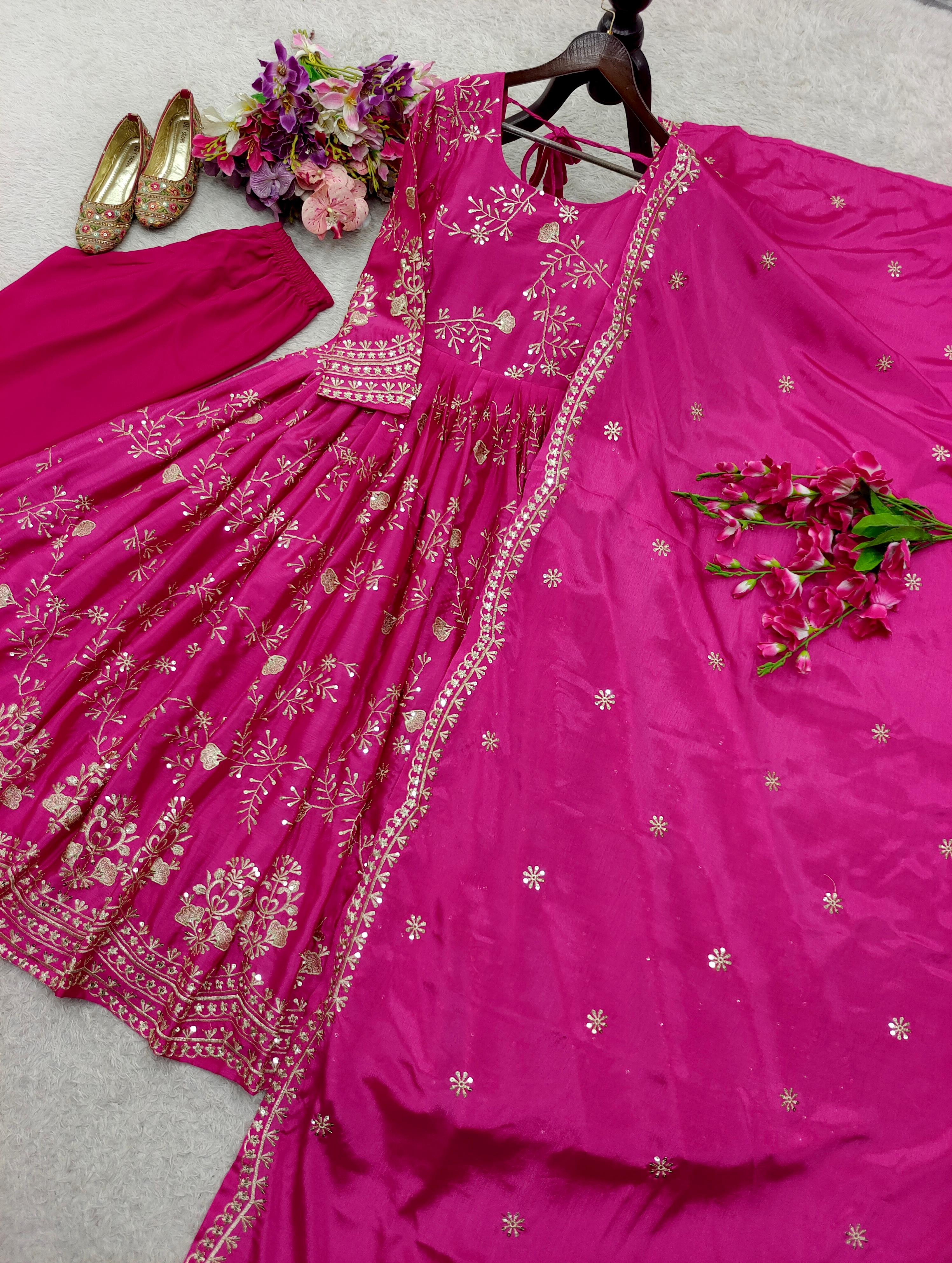 Pure Chinon Silk Gown With Embroidery 5mm Sequences Work With Sleeves (Attached Pad)