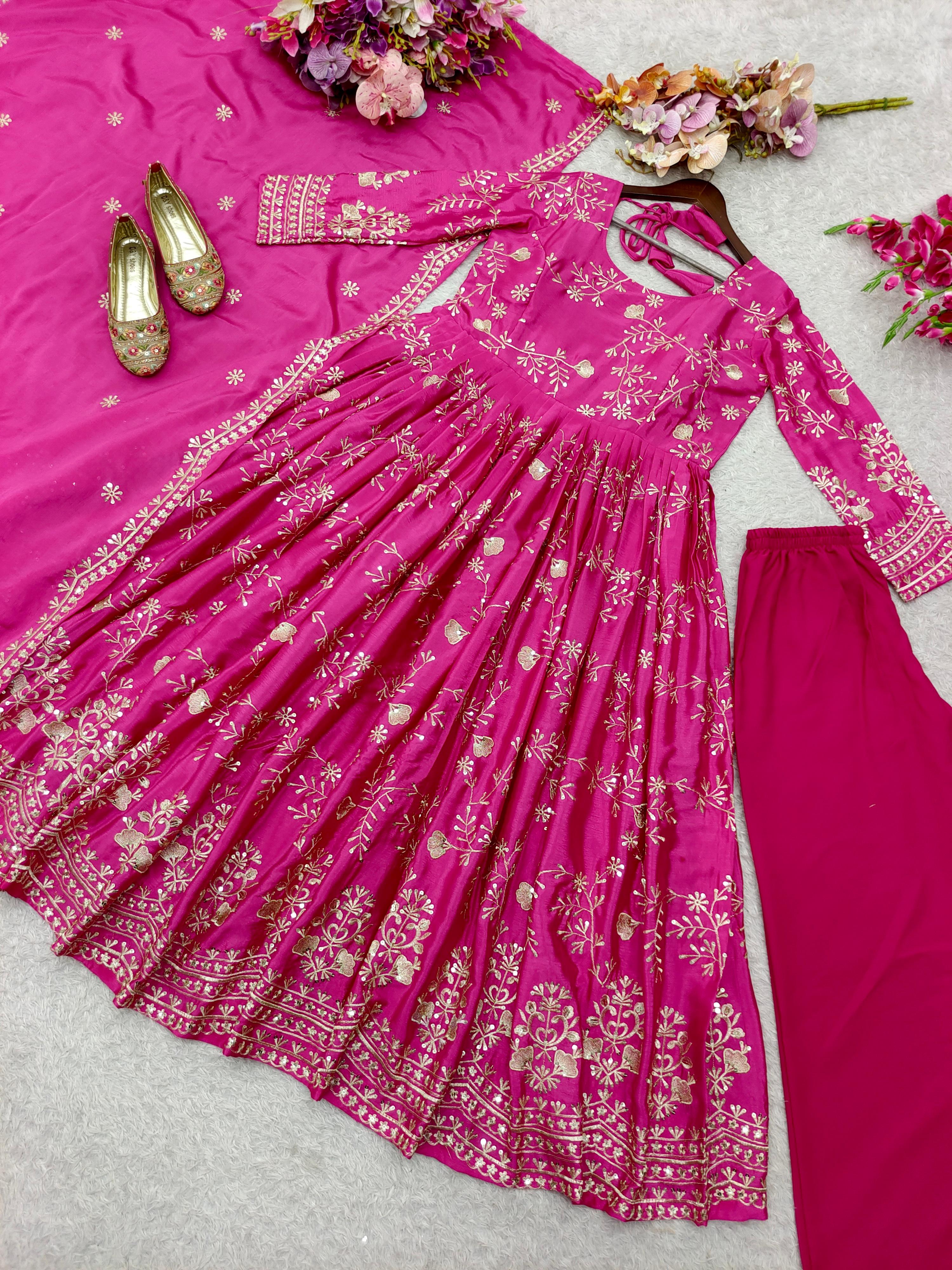 Pure Chinon Silk Gown With Embroidery 5mm Sequences Work With Sleeves (Attached Pad)
