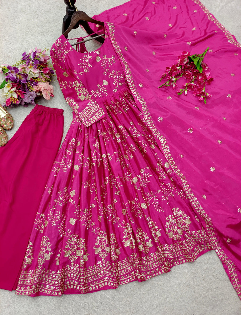 Pure Chinon Silk Gown With Embroidery 5mm Sequences Work With Sleeves (Attached Pad)