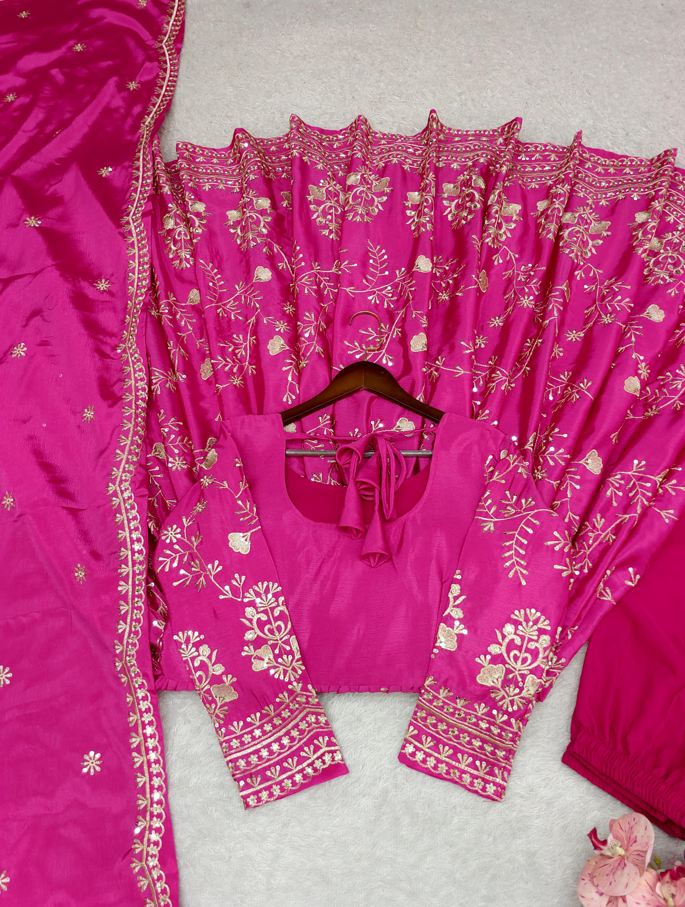 Pure Chinon Silk Gown With Embroidery 5mm Sequences Work With Sleeves (Attached Pad)