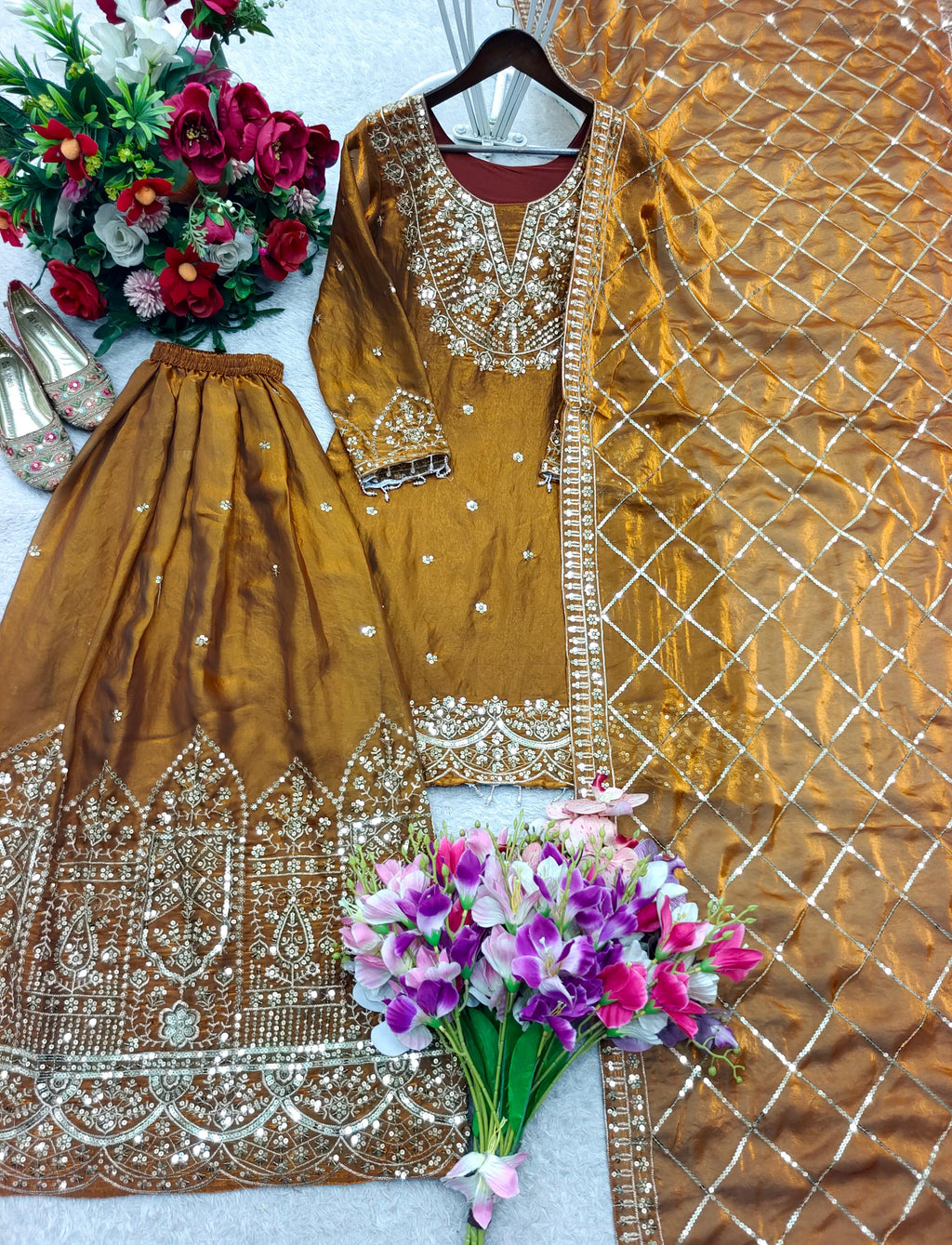 Trending Fendy-Silk *Top, Sarara & dupatta* Reddy To Wear Look Design