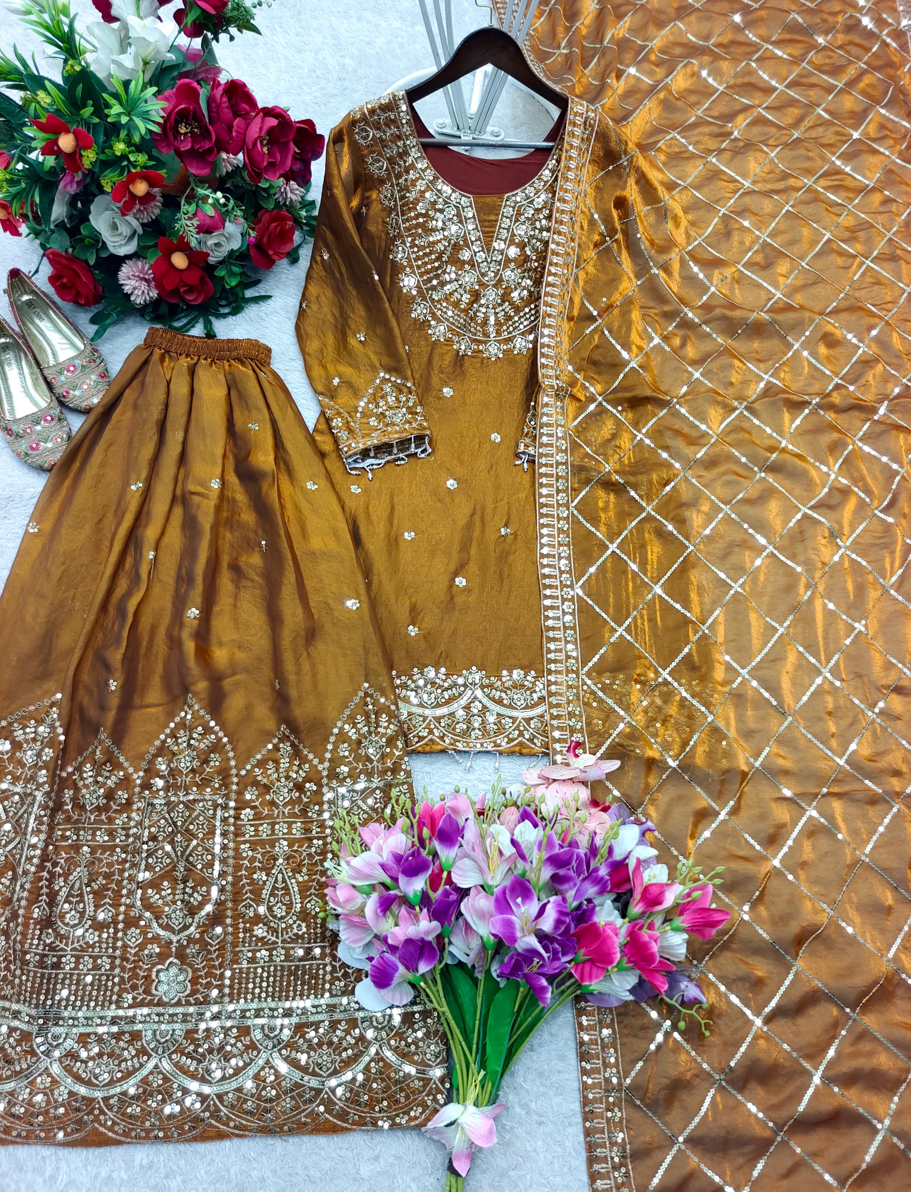 Trending Fendy-Silk *Top, Sarara & dupatta* Reddy To Wear Look Design