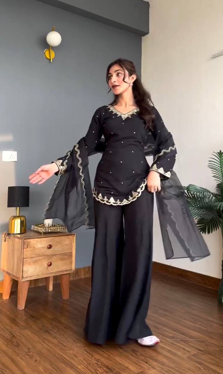Trending Roman Silk Top, Plazzo & dupatta* Reddy To Wear Look Design