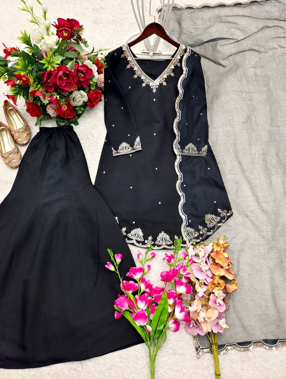 Trending Roman Silk Top, Plazzo & dupatta* Reddy To Wear Look Design