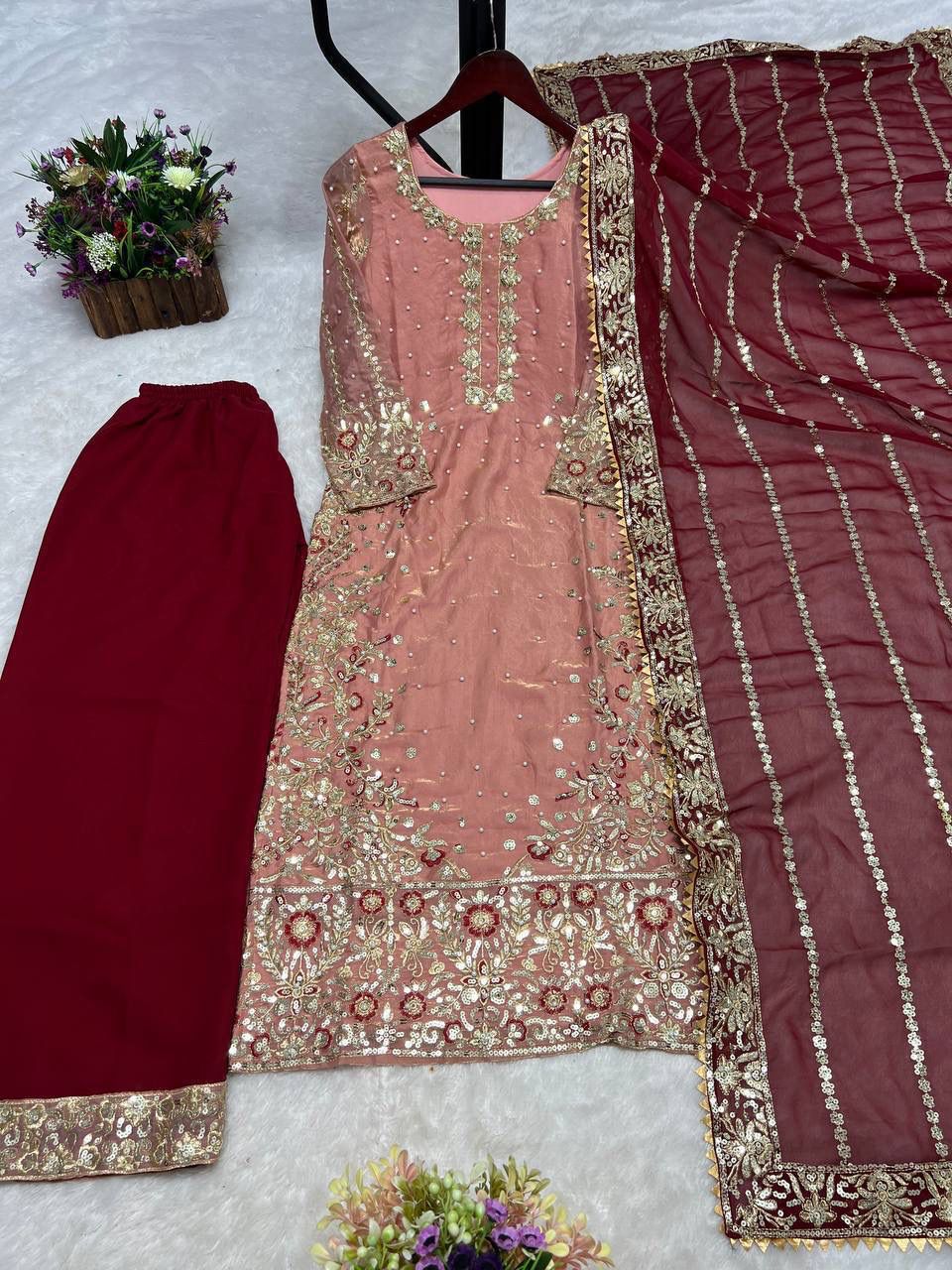 PRESERNTING NEW READY WEAR  SPACIAL FANCY DESIGN HEAVY EMBROIDERY AND SEQUENCE WORK TOP - PLAZZO WITH  DUPATTA ❤️