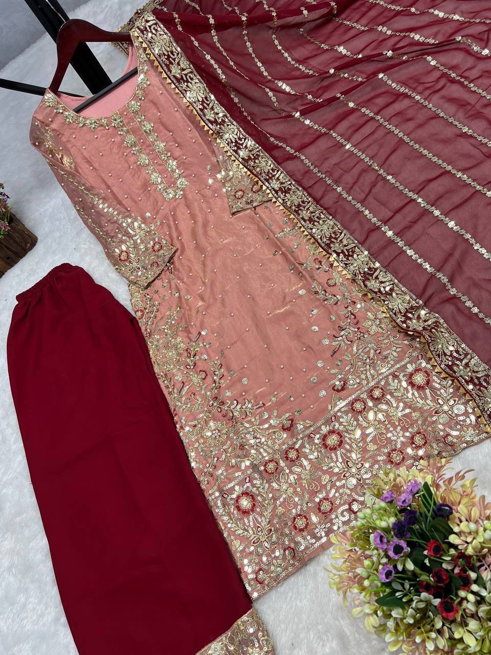 PRESERNTING NEW READY WEAR  SPACIAL FANCY DESIGN HEAVY EMBROIDERY AND SEQUENCE WORK TOP - PLAZZO WITH  DUPATTA ❤️