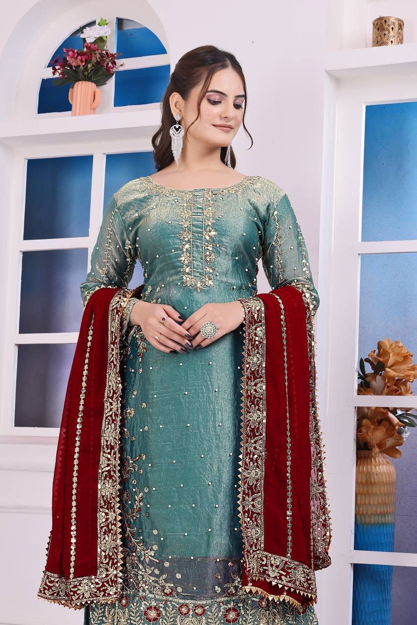 PRESERNTING NEW READY WEAR  SPACIAL FANCY DESIGN HEAVY EMBROIDERY AND SEQUENCE WORK TOP - PLAZZO WITH  DUPATTA ❤️