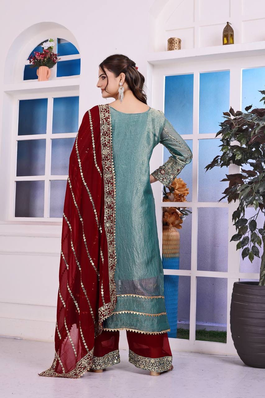 PRESERNTING NEW READY WEAR  SPACIAL FANCY DESIGN HEAVY EMBROIDERY AND SEQUENCE WORK TOP - PLAZZO WITH  DUPATTA ❤️