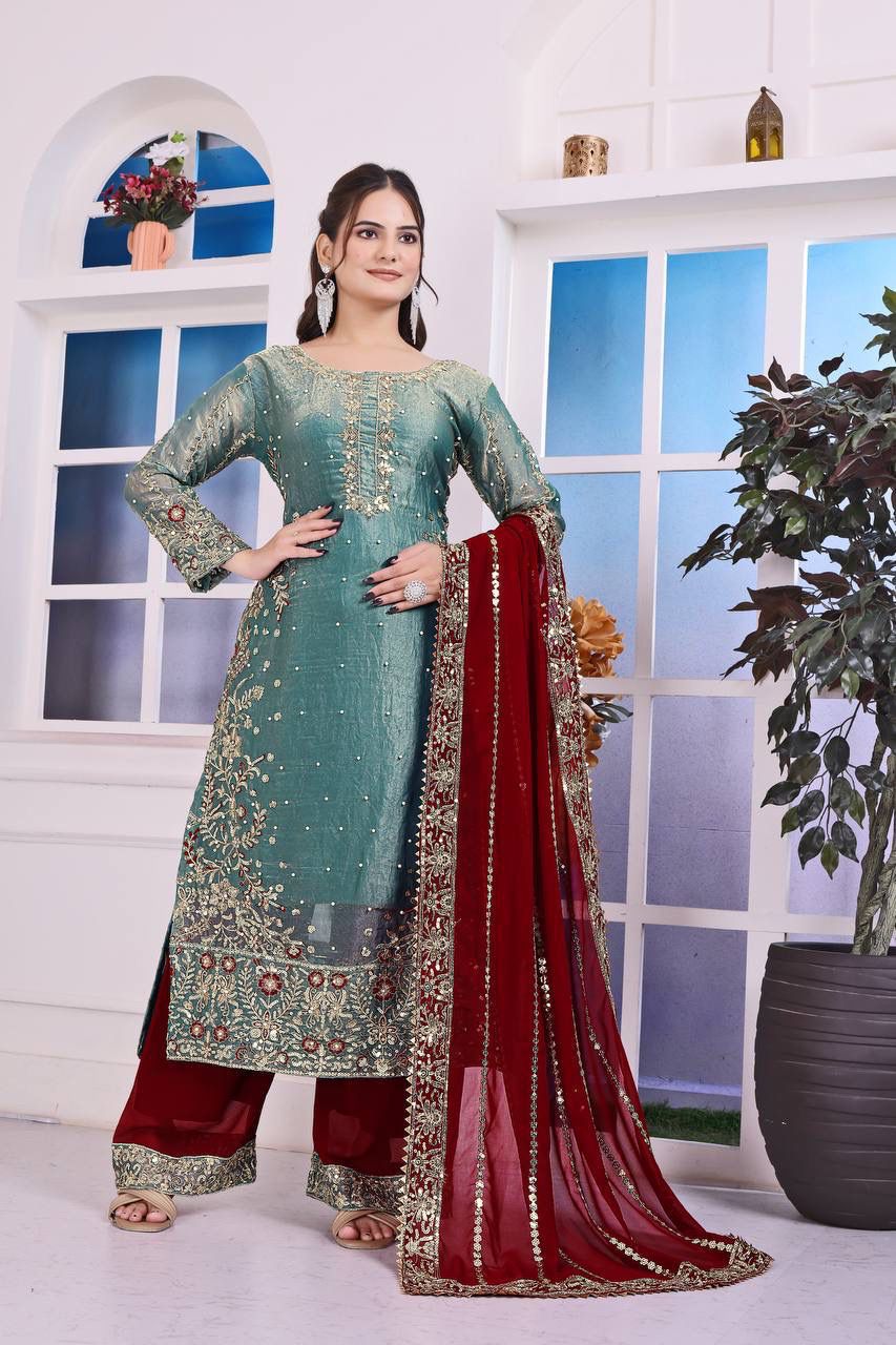 PRESERNTING NEW READY WEAR  SPACIAL FANCY DESIGN HEAVY EMBROIDERY AND SEQUENCE WORK TOP - PLAZZO WITH  DUPATTA ❤️